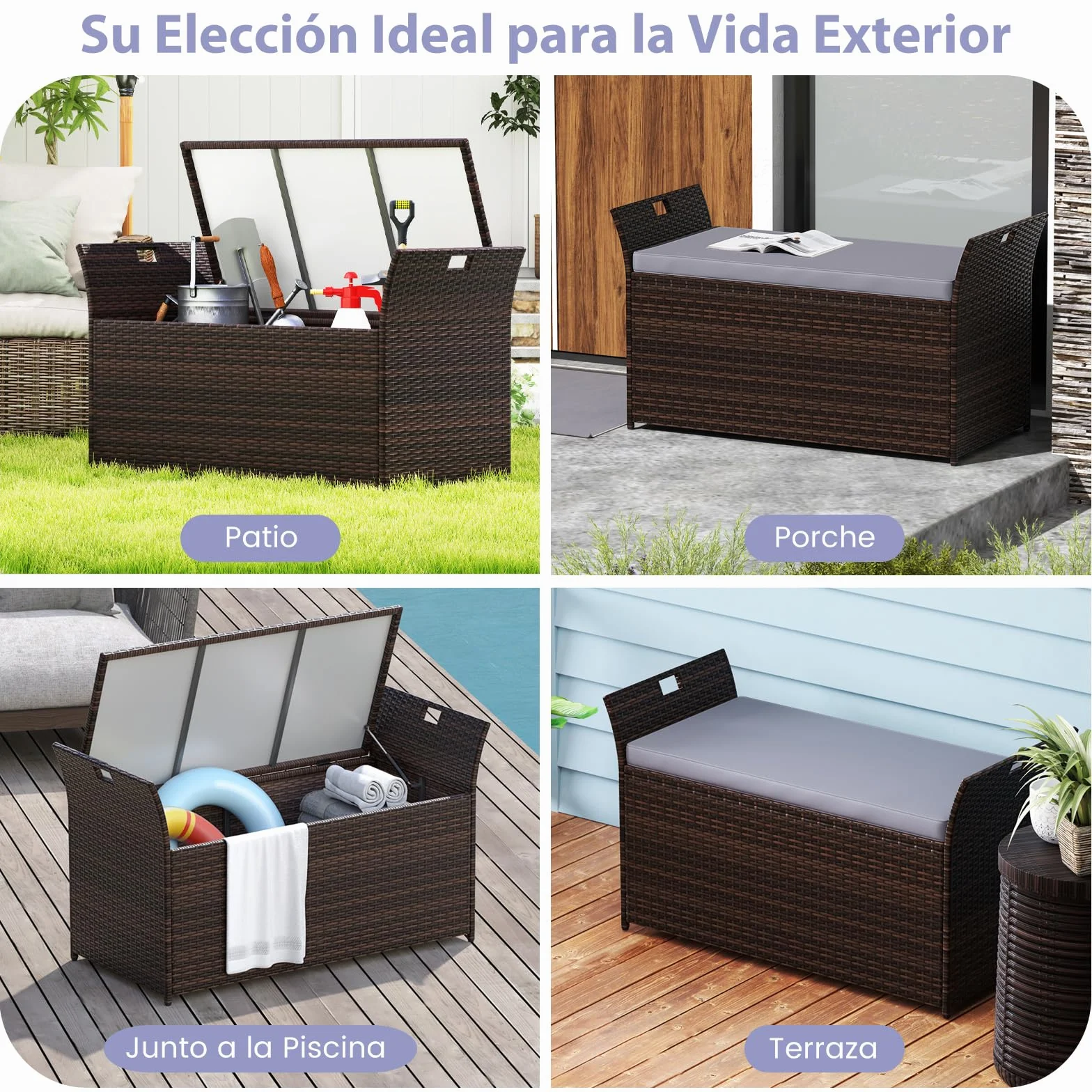 COSTWAY Banco Exterior con Ratán PE, Banco Almacenaje Exterior con Cojín y Manijas Laterales, Baul Almacenaje,125 x 56 x 71 cm, Marrón Rústico