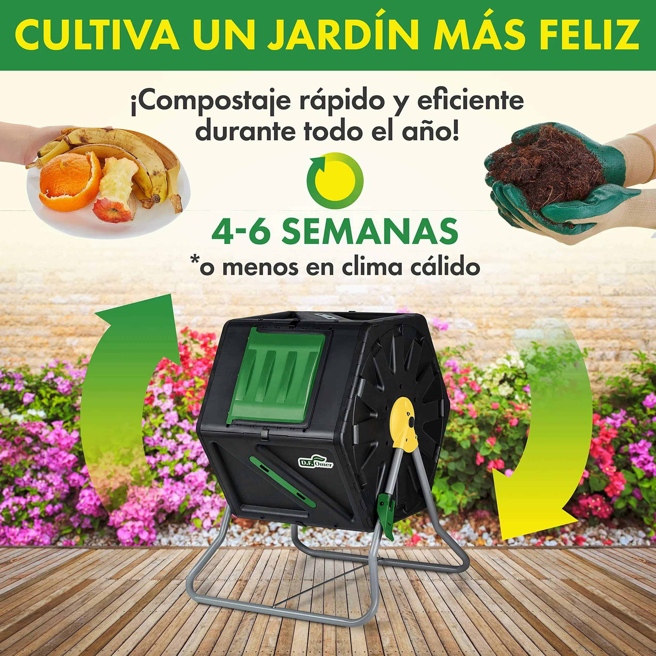DF OMER Contenedor De Compostaje De Una Cámara para Jardín Al Aire Libre - Diseño Compacto Capacidad De 105L - Compostador De Barril con Tambor Rodante Resistente