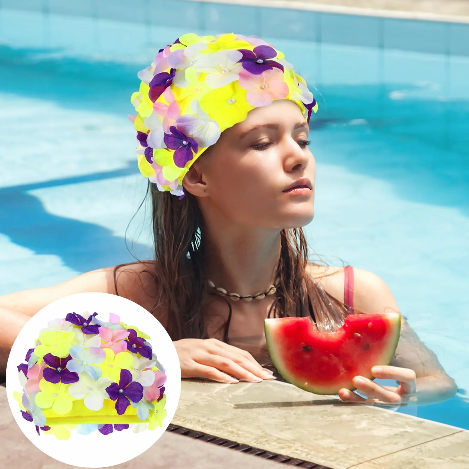 Gorro Natación Mujer con Flores 3D Nylon Ligero Elástico Retro Cómodo Cabello Largo Corto