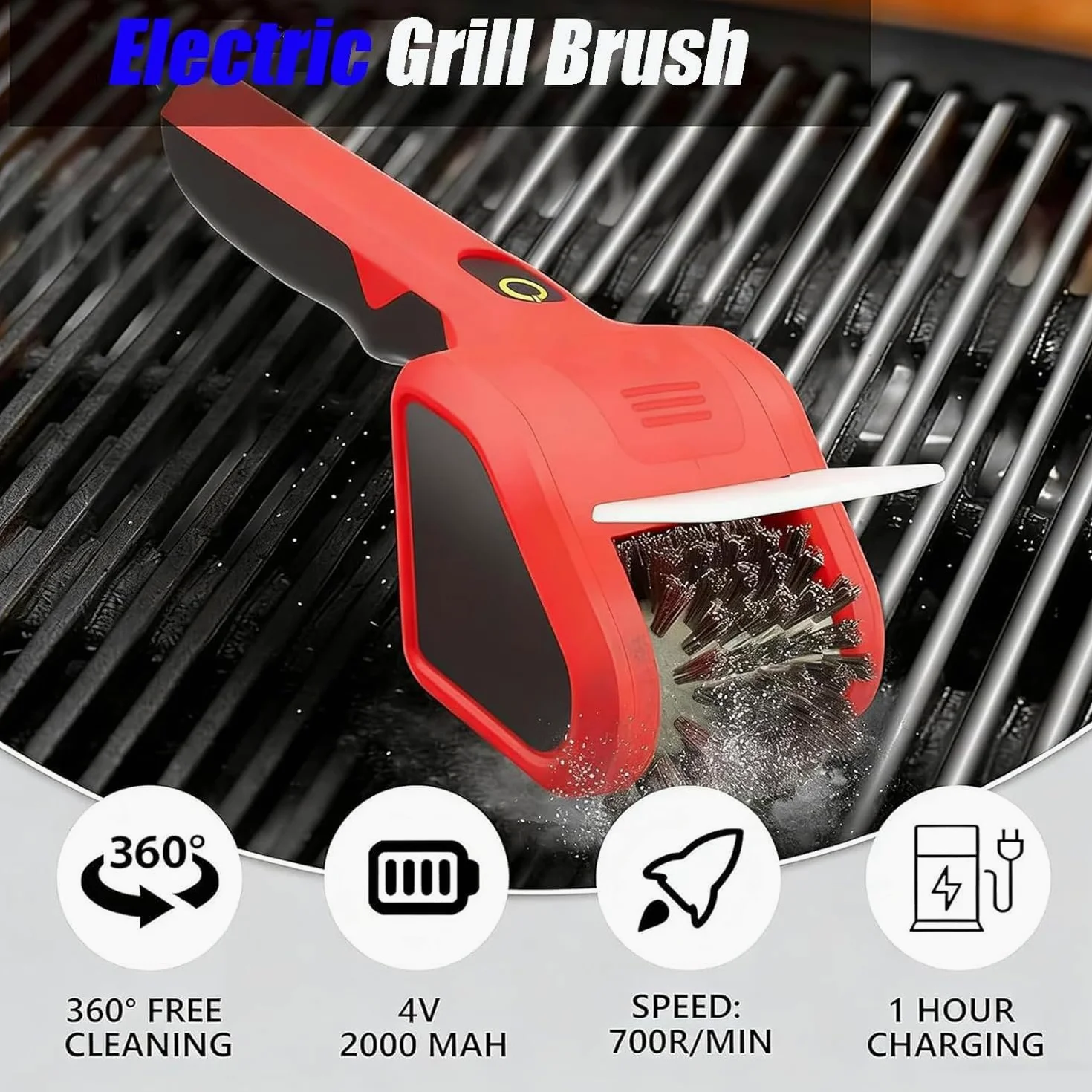 Limpiador automático de parrilla, cepillo inalámbrico recargable con 2 cabezales de cepillo giratorios, herramienta de limpieza de barbacoa al aire libre para uso en interiores y exteriores