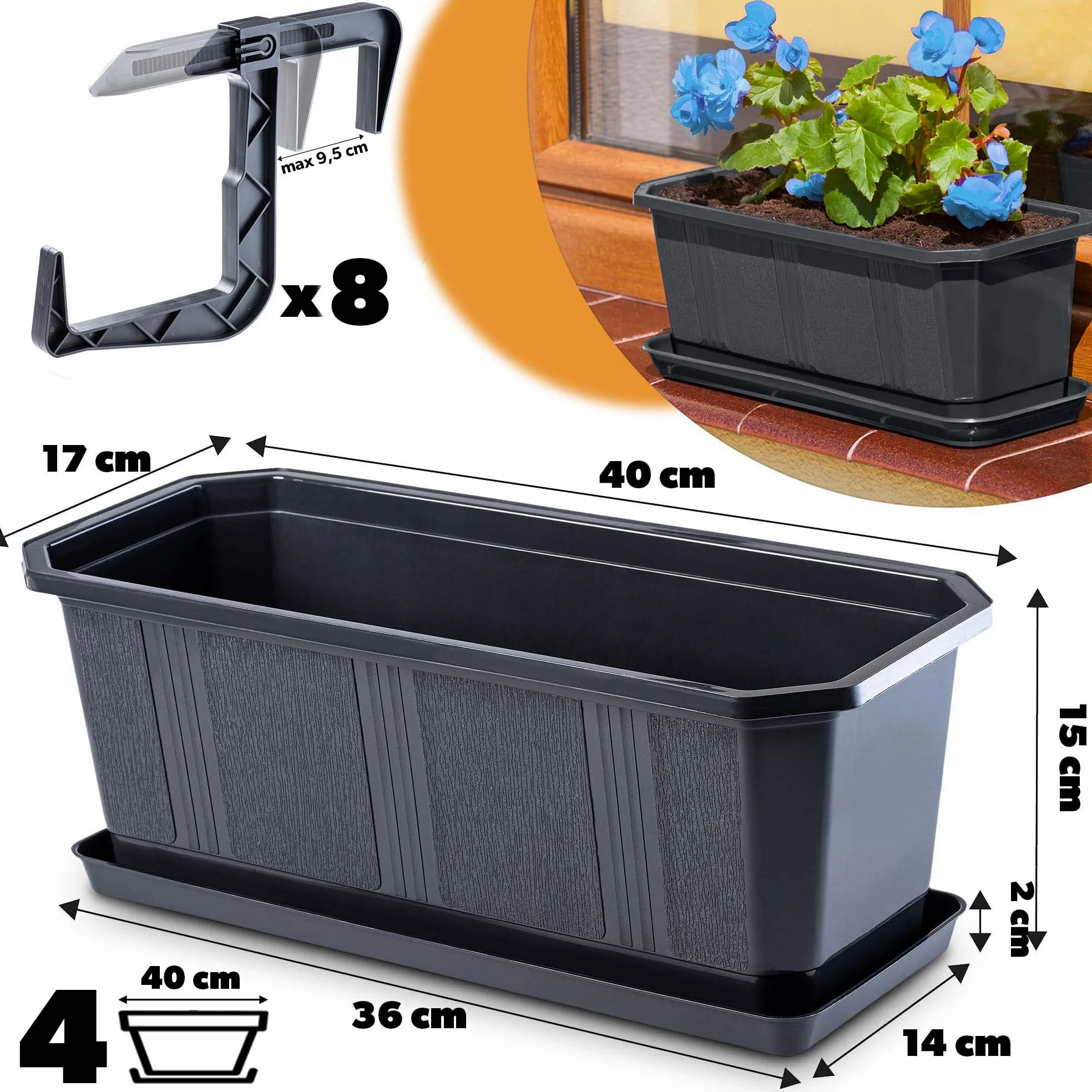 KADAX Jardineras Elegantes con Platos y Soportes para Barandillas de Balcón, Macetas Rectangulares de Plástico, Maceteros Colgantes (4: Grafito, 40 cm)
