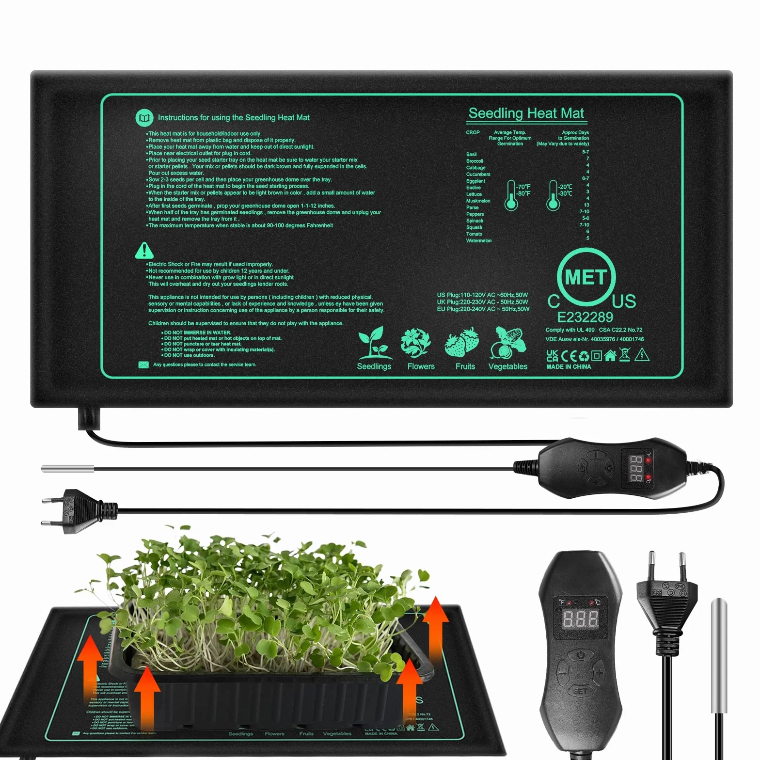 BORDEAG Esterilla calefactora de 50 W para plantas con termostato, 10 x 20,75 pulgadas con termostato, estera térmica para invernadero, estera térmica para plántulas, estera de calor para plantas,