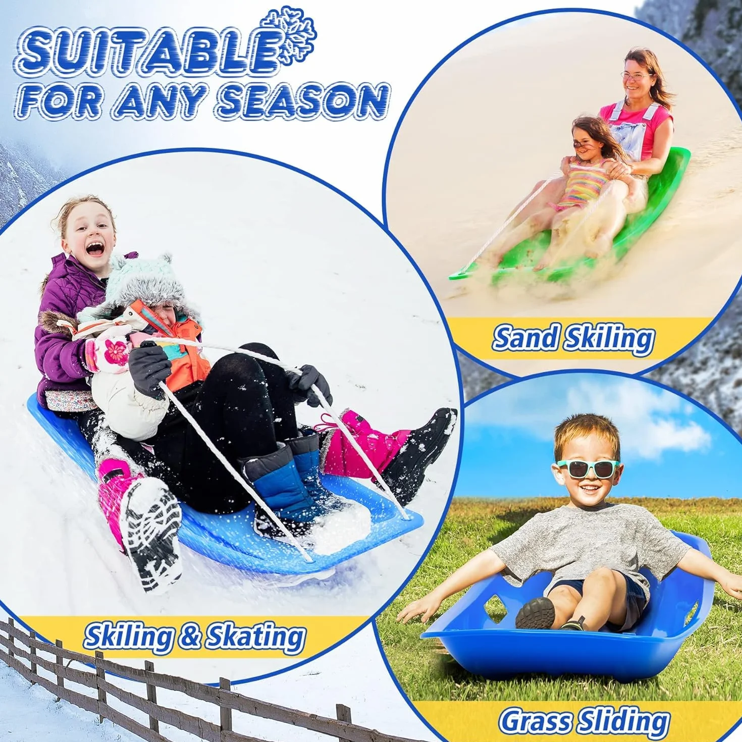 Trineo de Nieve Resistente con Cuerda de Tracción para Adultos y Niños, Tabla de Esquí Deportiva
