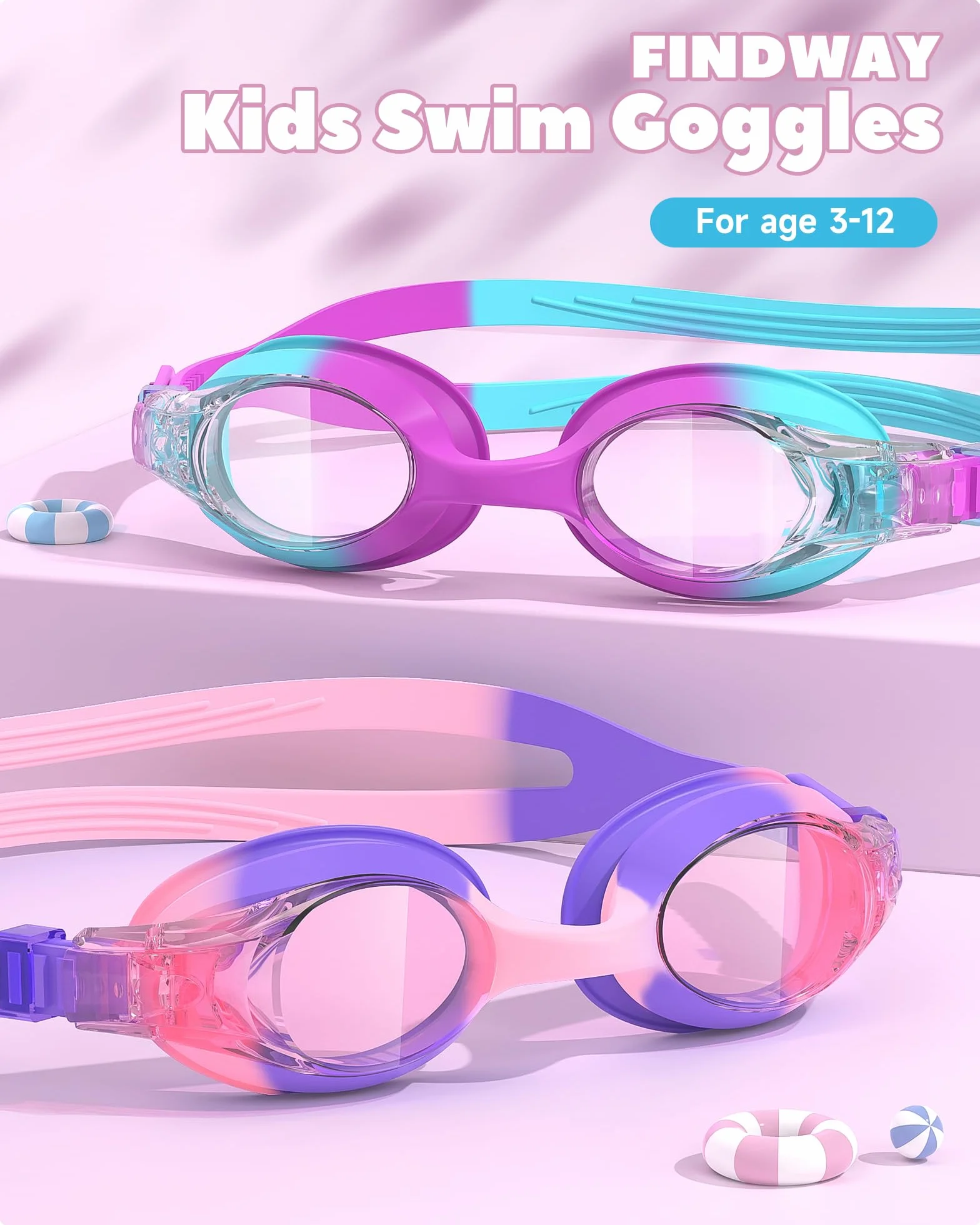 Gafas de Natación Findway 2 Piezas para Niños 4-12 Años Silicona Antivaho UV