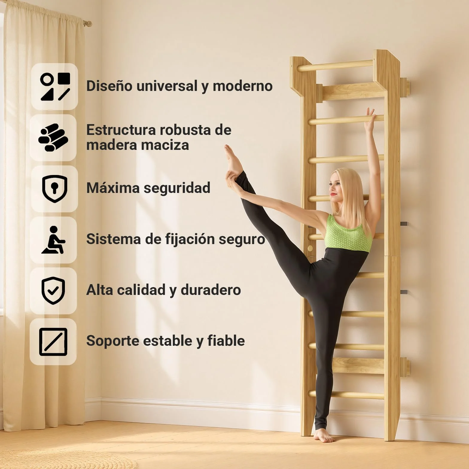 COSYLAND Espaldera de Madera para Gimnasio en Casa, Escalera Sueca con Barra de Dominadas, Carga 100 kg, Adultos y Niños