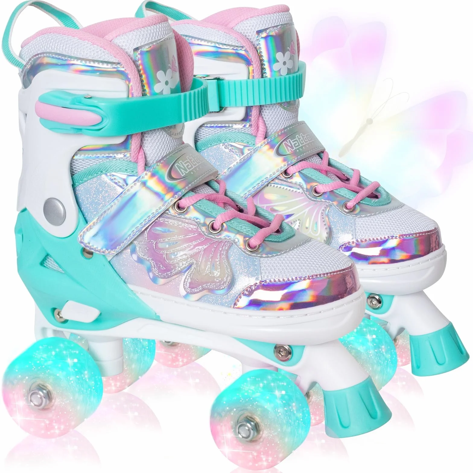 Patines de ruedas para niños Nattork, 4 tamaños ajustables, diseño mariposas flores
