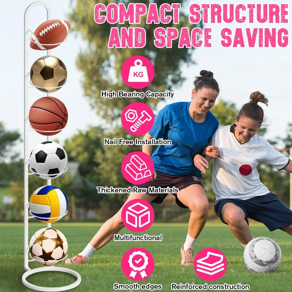 Soporte de Pelota de Metal para Baloncesto Fútbol Rugby Voleibol, Estante de Almacenamiento Vertical Extraíble, 6 Niveles Blanco