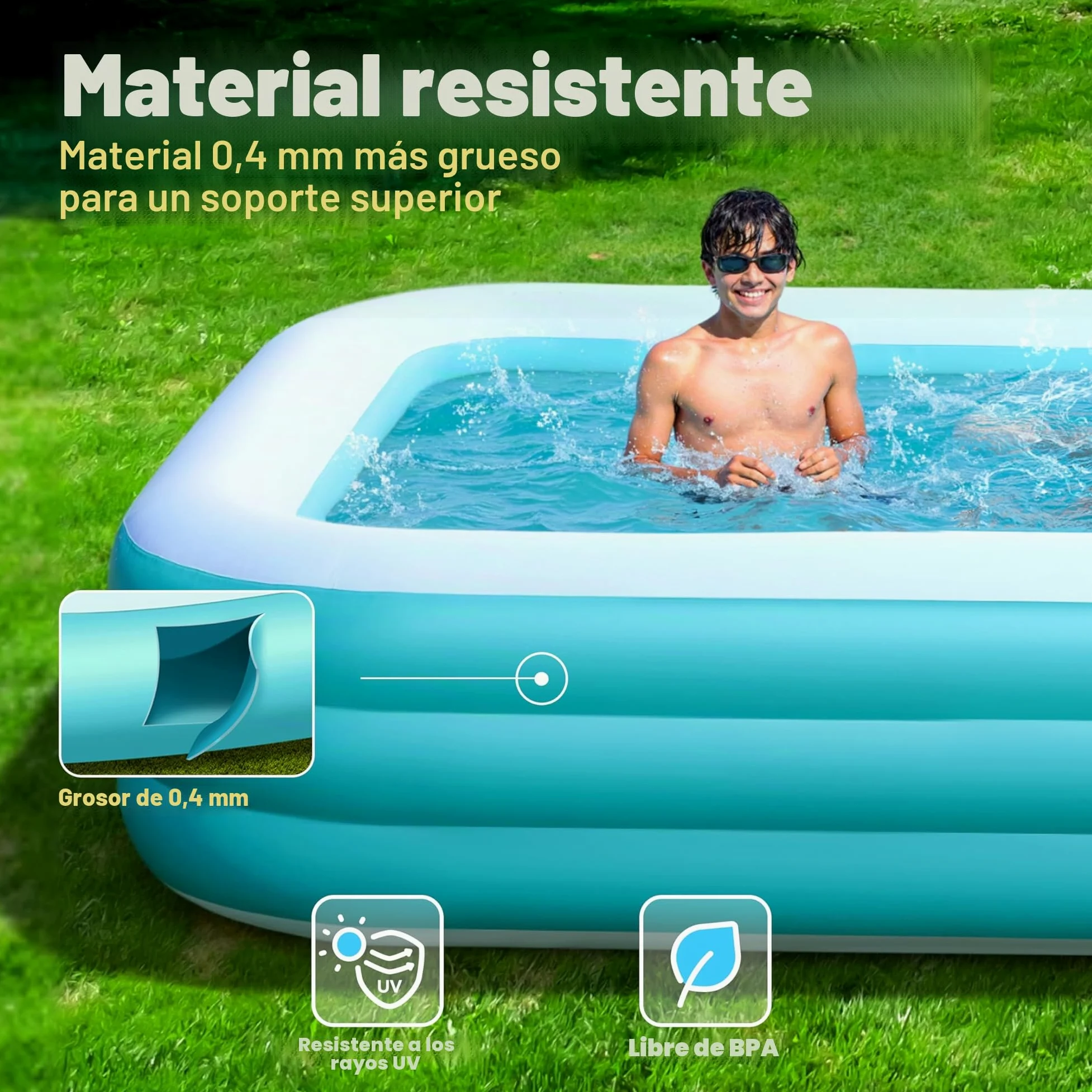 SLOOSH Piscina hinchable para adultos con asientos, 304,8 x 182,9 x 55,9 cm, tamaño natural, inflable, duradera, gruesa, gran piscina para jardín, césped, fiesta acuática de verano, cian
