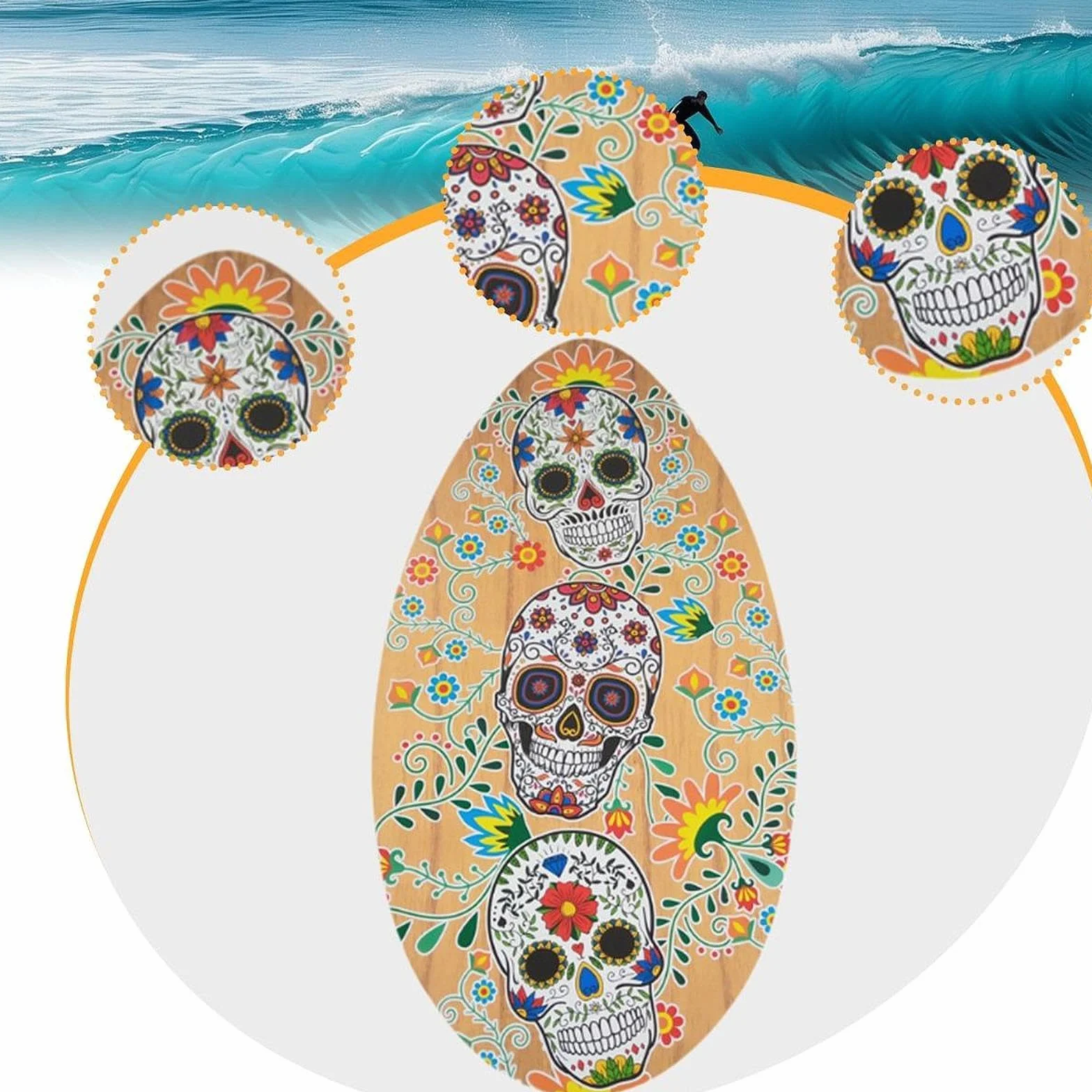 Skeleton Impreso Skimboard Madera 30 Pulgadas Plano Surf Ligero para Niños Adultos