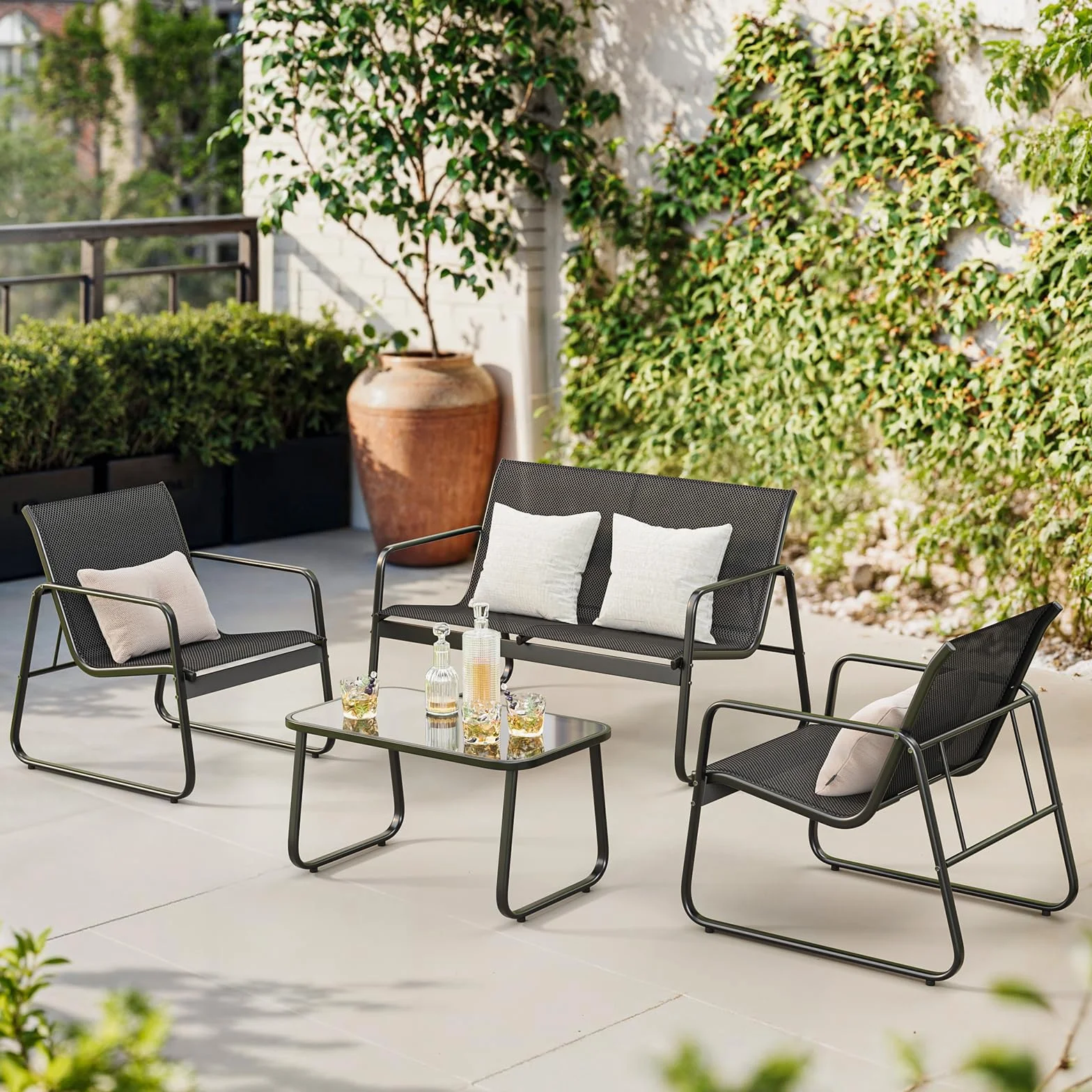 Bealife Conjunto de Muebles de Jardín 4 Piezas, Patio Tela Teslin, 3 Sillones y 1 Mesa de Vidrio, Negro