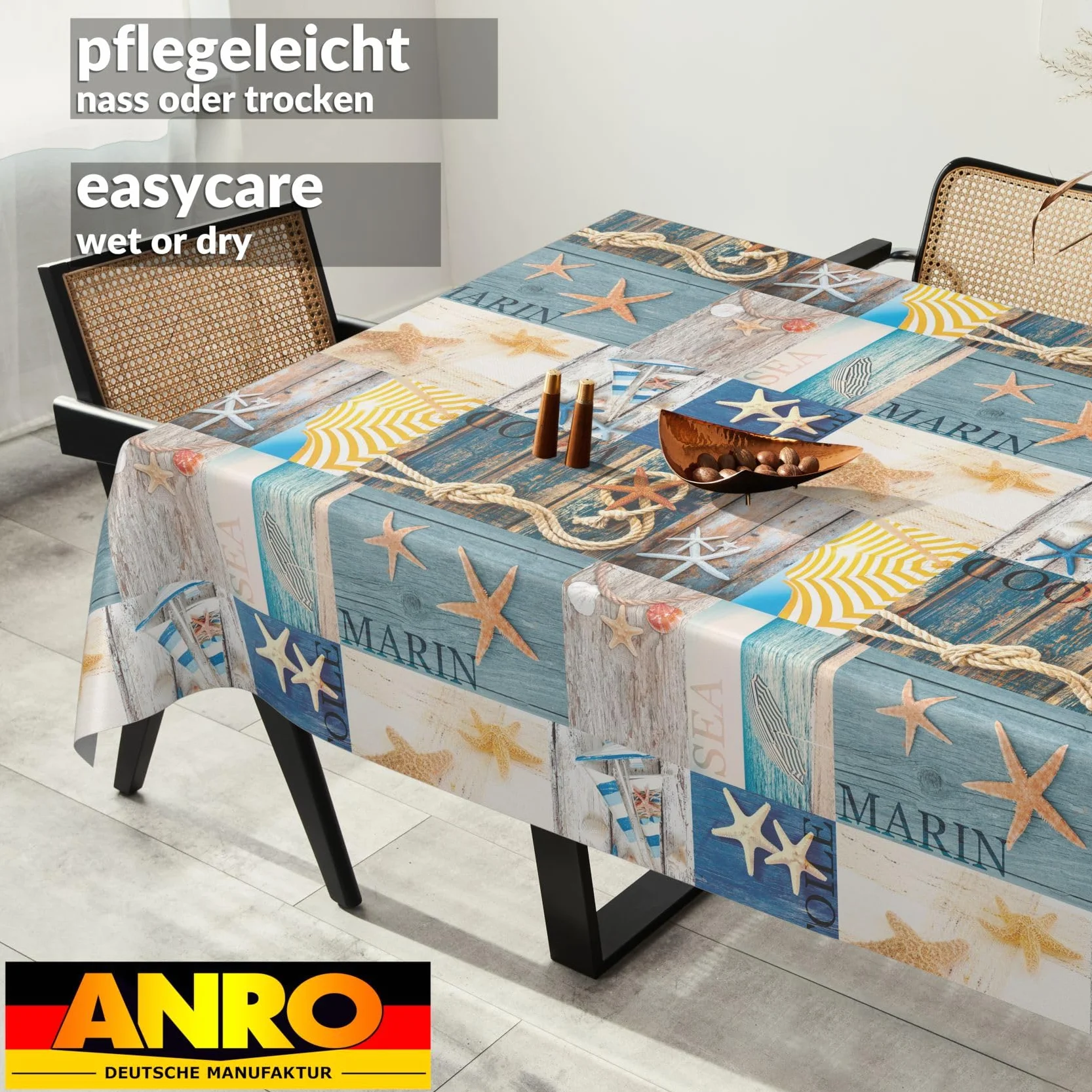 ANRO Mantel de hule lavable, para jardín, redondo, ovalado, rectangular, diseño marítimo, 400 x 140 cm, borde de corte
