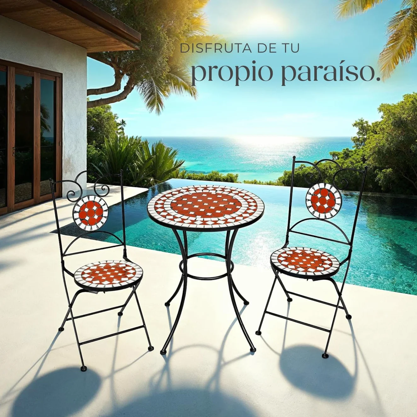 tectake® Conjunto Muebles Jardín Exterior de Metal y Cerámica, 1 Mesa y 2 Sillas Plegables, Muebles Terraza Impermeables y Resistentes a Intemperie, Gran Capacidad de Carga, Fácil Limpieza - marrón