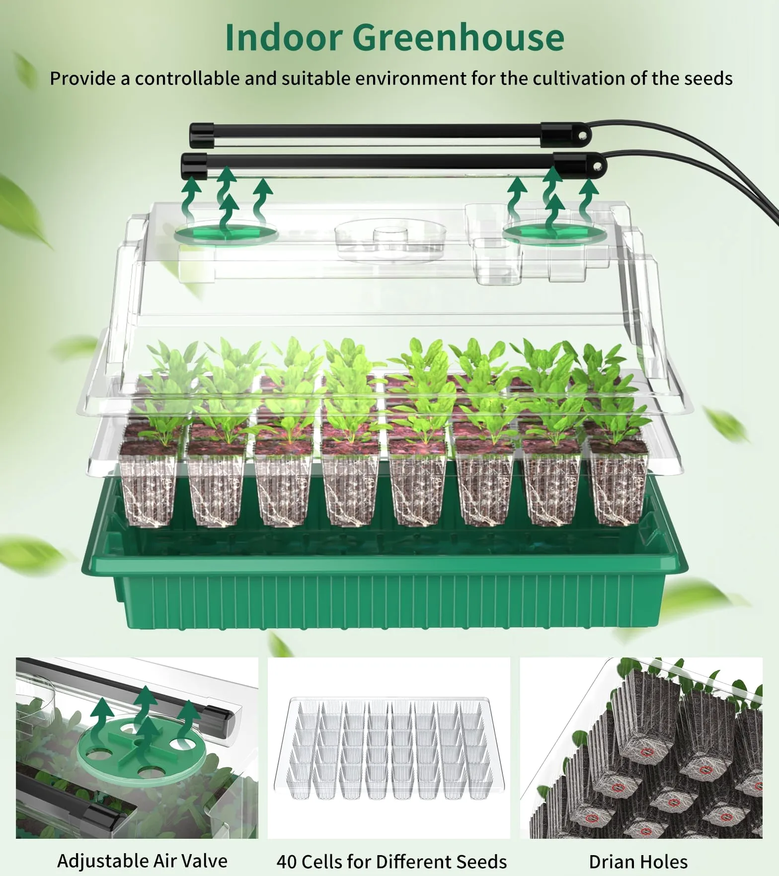 Bandeja de inicio de semillas, 80 celdas, bandejas de inicio de plántulas con luz de crecimiento y cúpula de humedad, kit de germinación de semillas reutilizable para jardinería en interiores