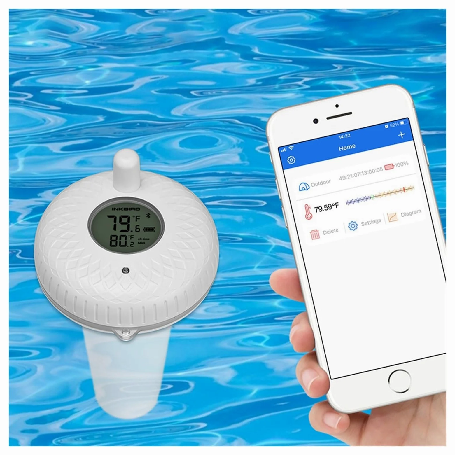 Termómetro Flotante inalámbrico for Piscina, IPX7, Digital, Resistente al Agua, for estanques, acuarios, jacuzzis y Piscinas.(Wireless Version)