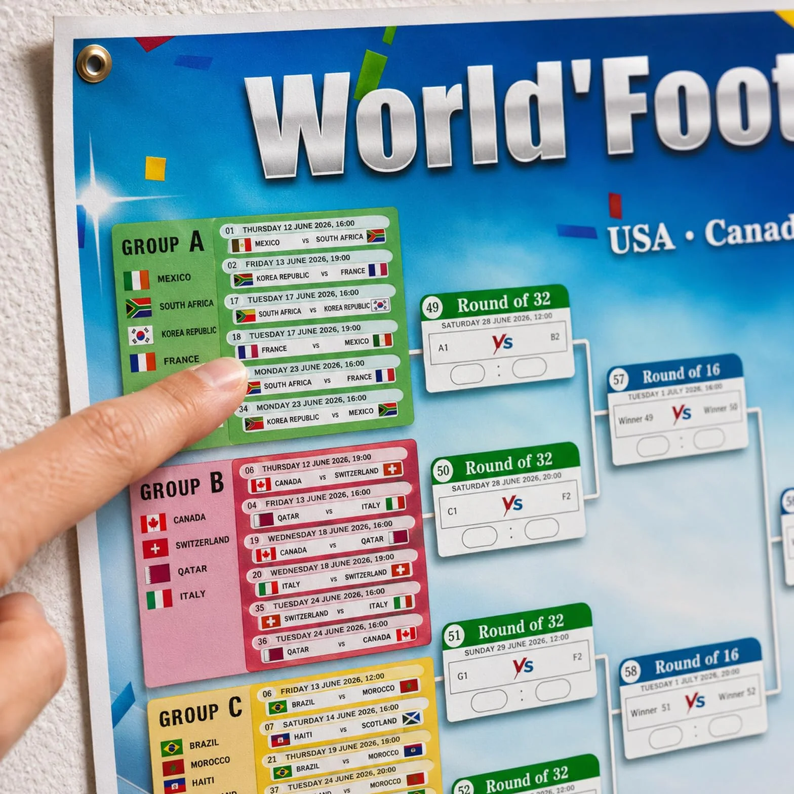Efymosce Poster Calendario de la Copa del Mundo de Fútbol 2026, 150x100cm, Planificador para Bar