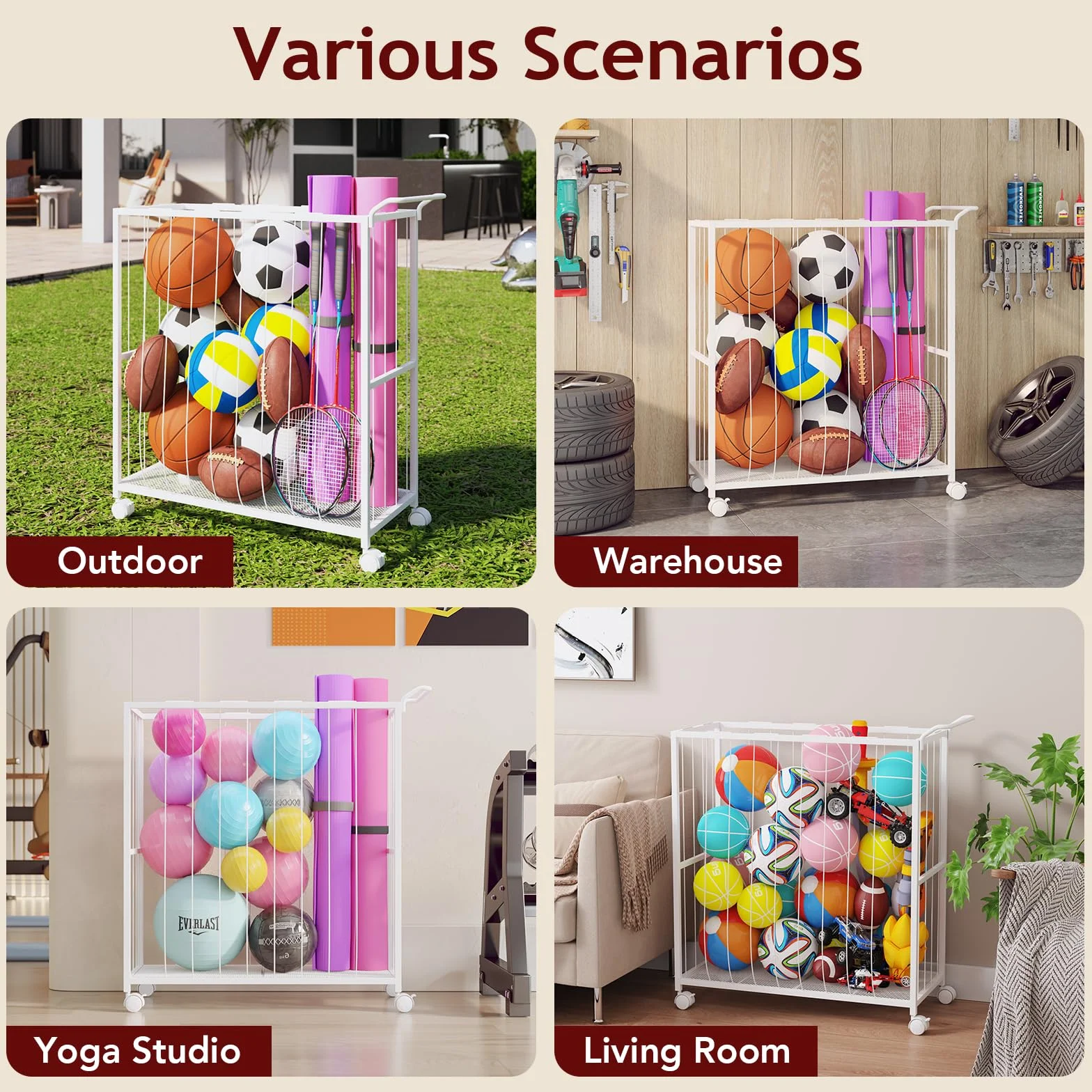 Homsorout Cesta de almacenamiento de bolas, carrito deportivo organizador de metal para garaje y gimnasio