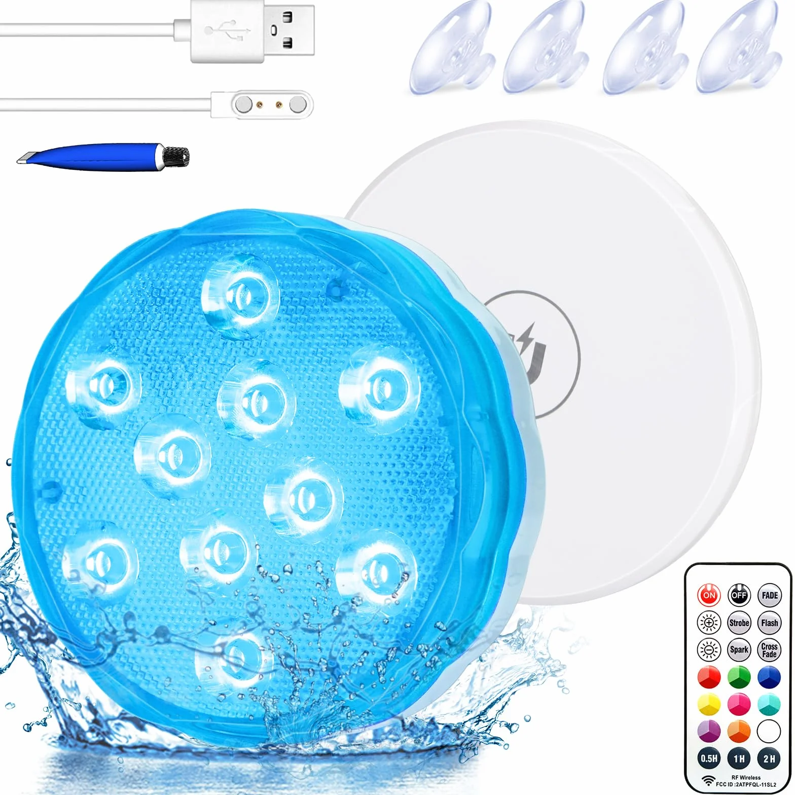 Idealife Iluminación de piscina recargable con batería incorporada, luz subacuática con mando a distancia, imán RF, ventosas, luces LED impermeables para fiestas de jacuzzi, Navidad, calabaza