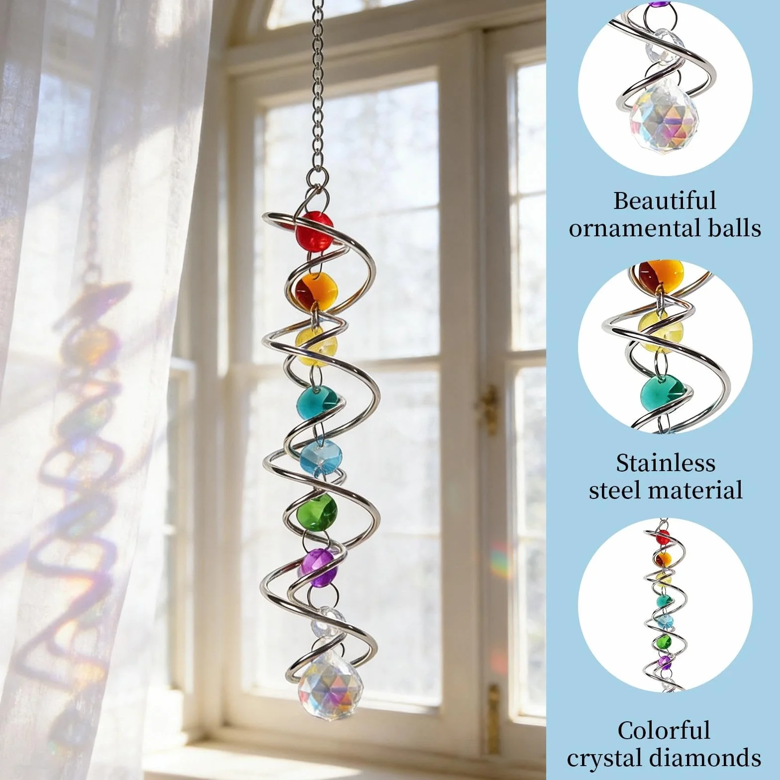 Atrapasoles Cristal con Doble Espiral, Atrapasol Suncatcher Colgante Campana de Viento Decorativa con Siete Perlas de Chakra y Bola de Cristal para Ventana Jardín Boda 45 CM