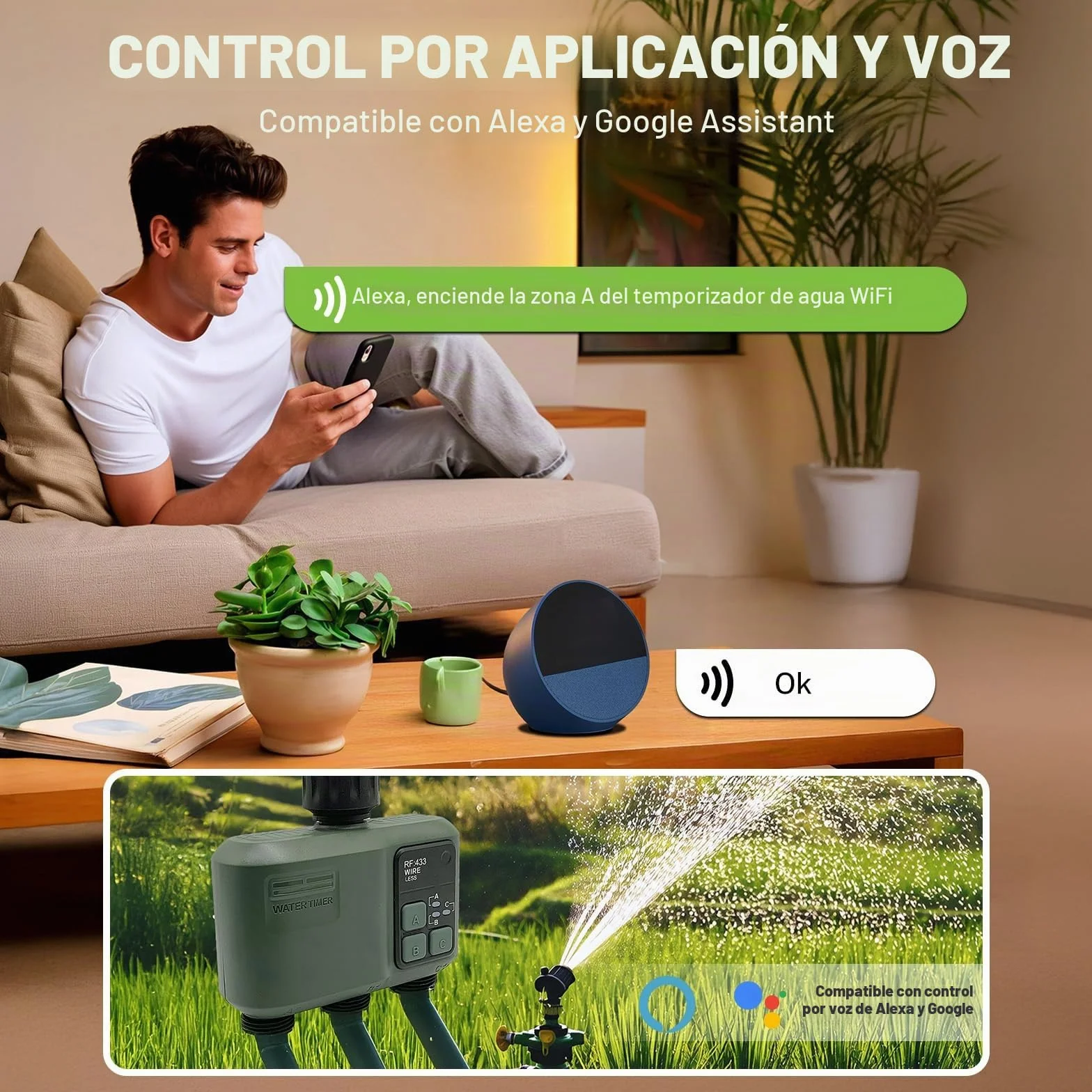 johgee Programador Riego WiFi 3 Salidas con tecnología RF 433 500M, riego temporizado Inteligente con App, Control por Voz Alexa, 6 horarios de riego, Temporizador de riego automático para jardín