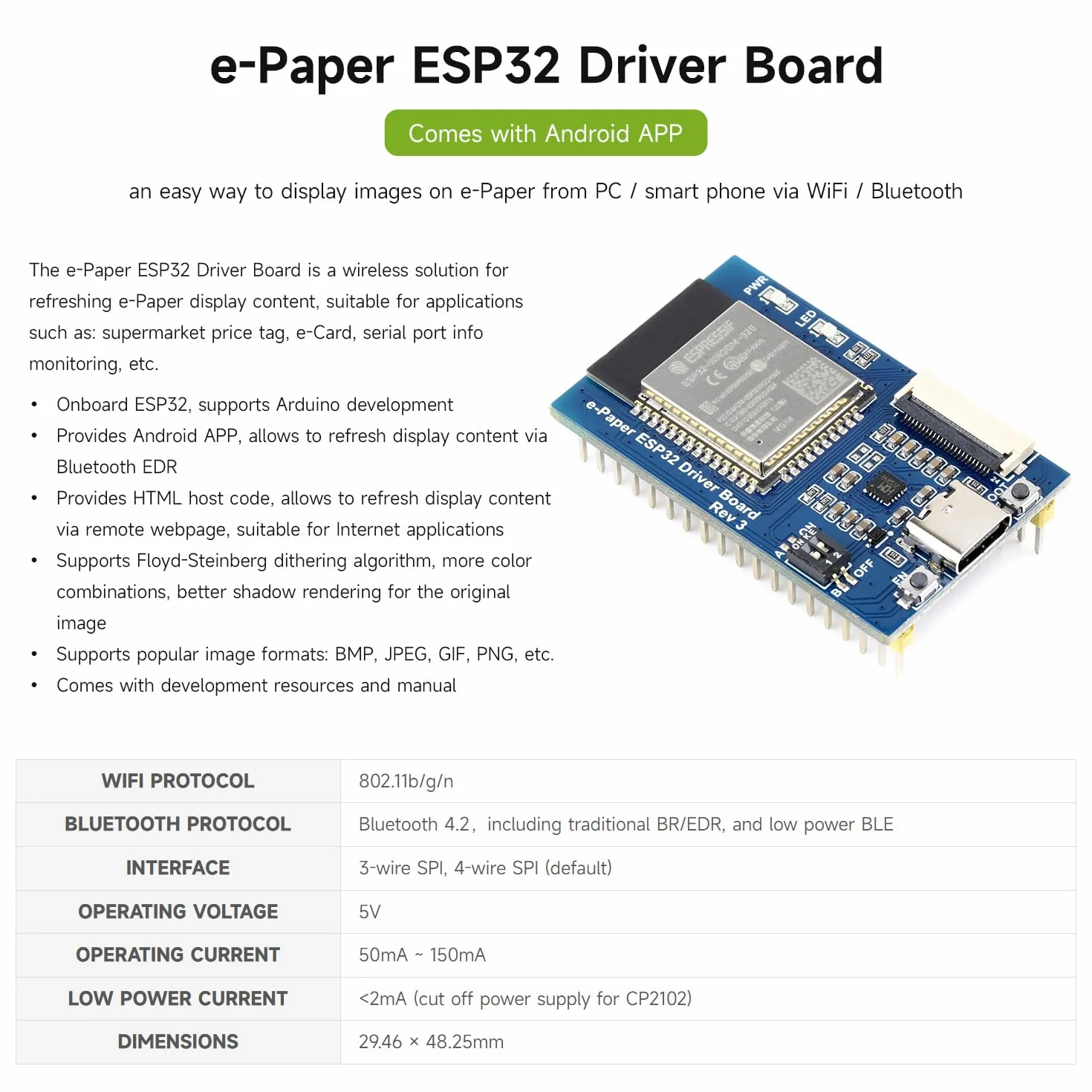 Waveshare Universal e-Paper Driver Board ESP32 WiFi SPI