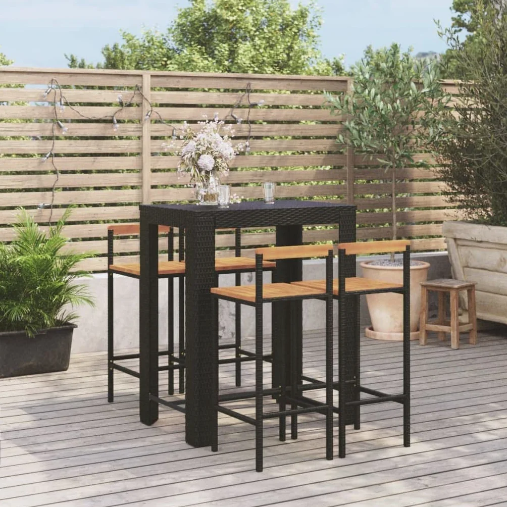 vidaXL Mesa Bar y taburetes jardín 5 pzas Madera Acacia ratán PE Negro