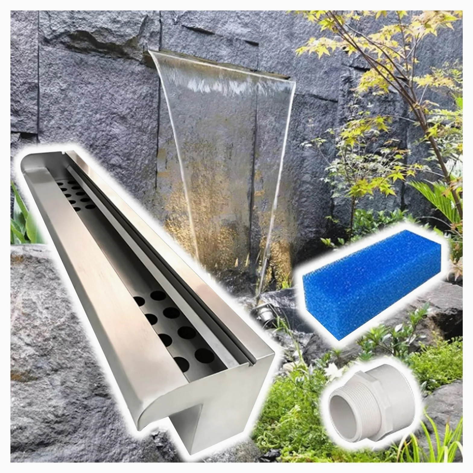Genérico Kit de desagüe para Cascada con tubería corrugada para Exteriores, 150 cm. Aspa de desagüe de Acero Inoxidable para Parques acuáticos, Villas y Jardines. Montaje en Pared con algodón filtran