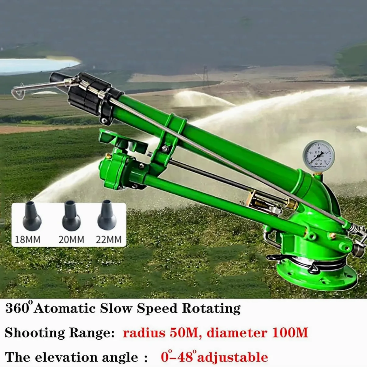 Aspersor de riego, pistola rociadora de césped con juego de boquillas de repuesto, rango de agua de 26-53 m para riego de tierras agrícolas y eliminación de polvo