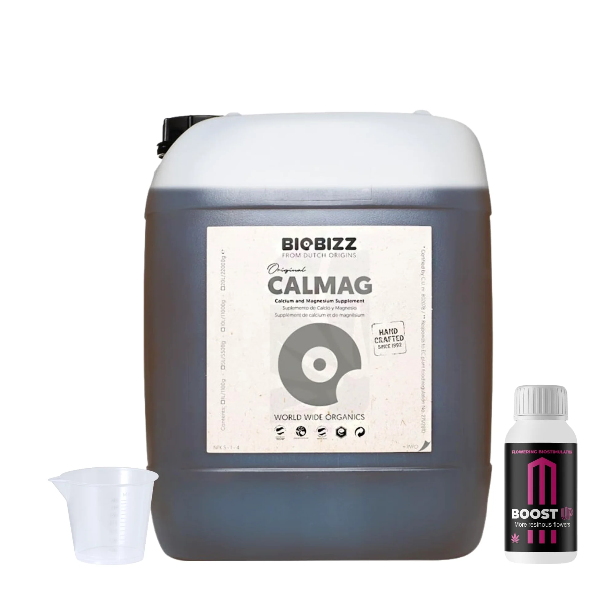 GROWMANIA Cal Mag de BioBizz 20L + Muestra Boost Up de Up Nutrients + Vaso Medidor | Suplemento Profesional de Calcio y Magnesio | Para Uso Comercial en Agricultura Extensiva