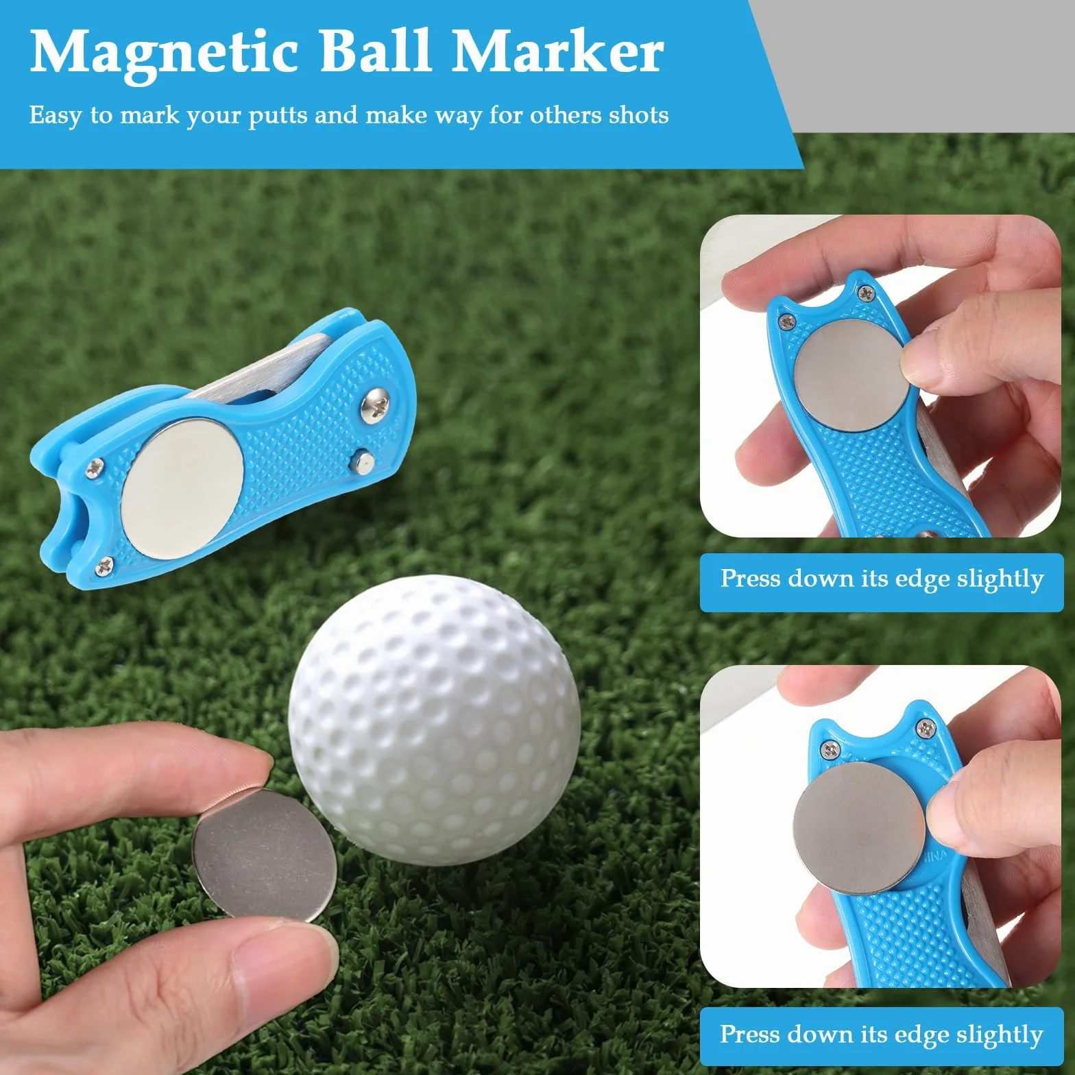 Herramienta de reparación de divot de golf plegable de metal con marcador