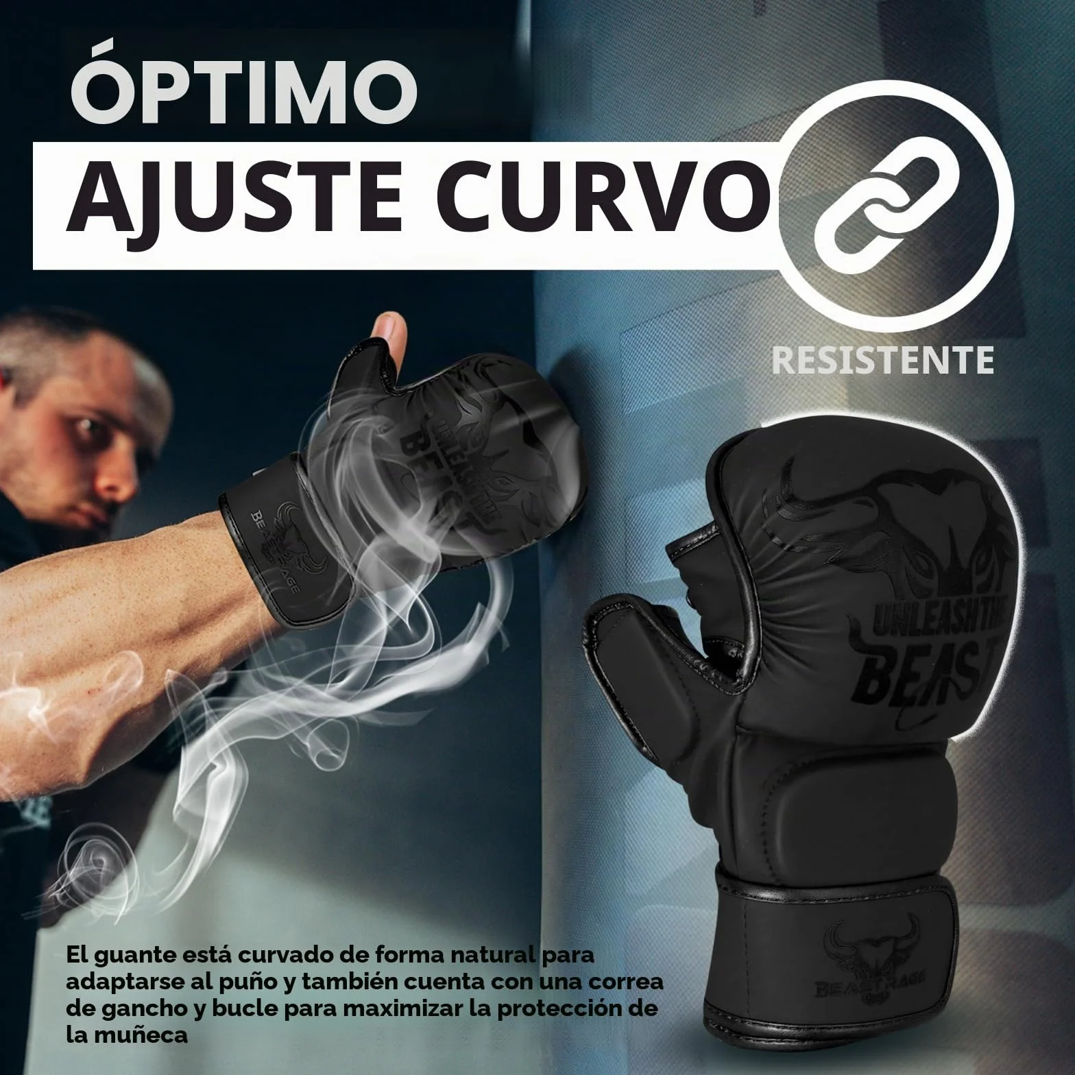 BEAST RAGE Guantes de MMA con Soporte de Muñeca Ajustable, Palma Abierta para Muay Thai y Combate