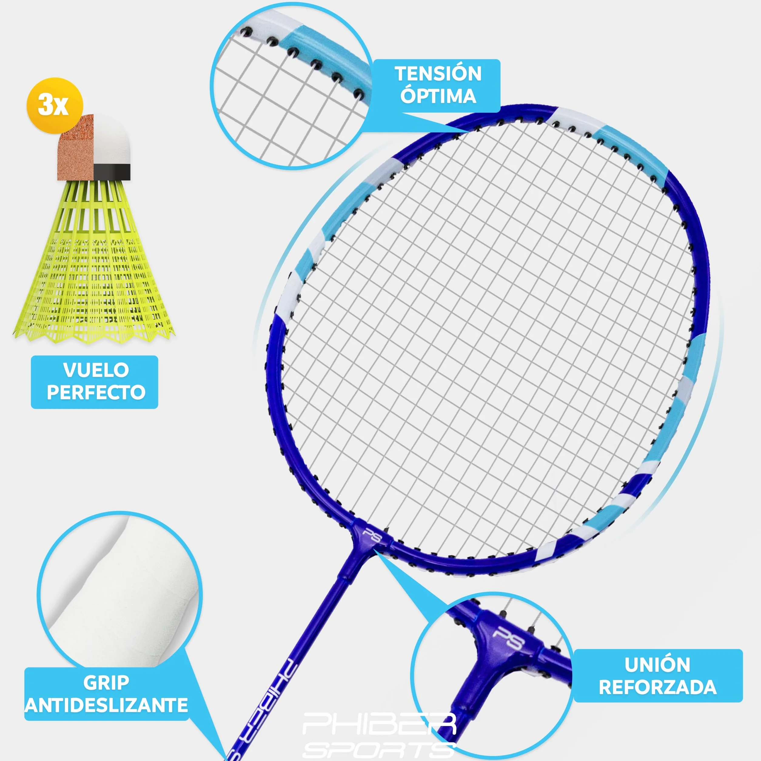 PHIBER-SPORTS Juego de raquetas de bádminton 2 raquetas 3 volantes bolsa para jardín parque