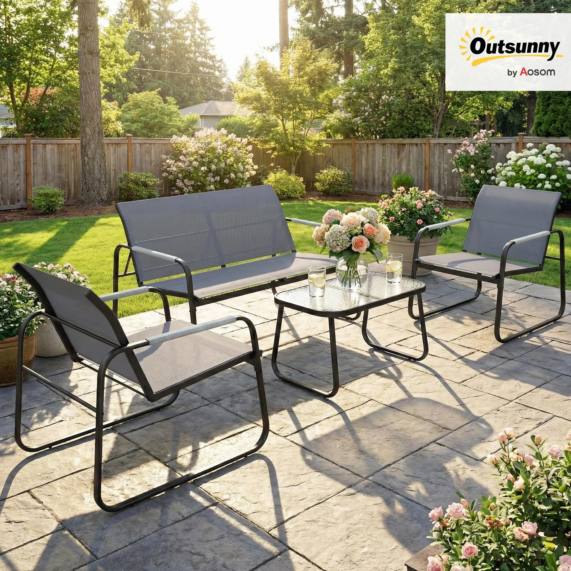 Outsunny Conjunto de Jardín Exterior de 4 Piezas, Muebles Jardín Exterior con 1 Sofá de 2 Plazas, 2 Sillones y Mesa de Vidrio Templado, Estructura de Acero y Textilene Transpirable, Gris