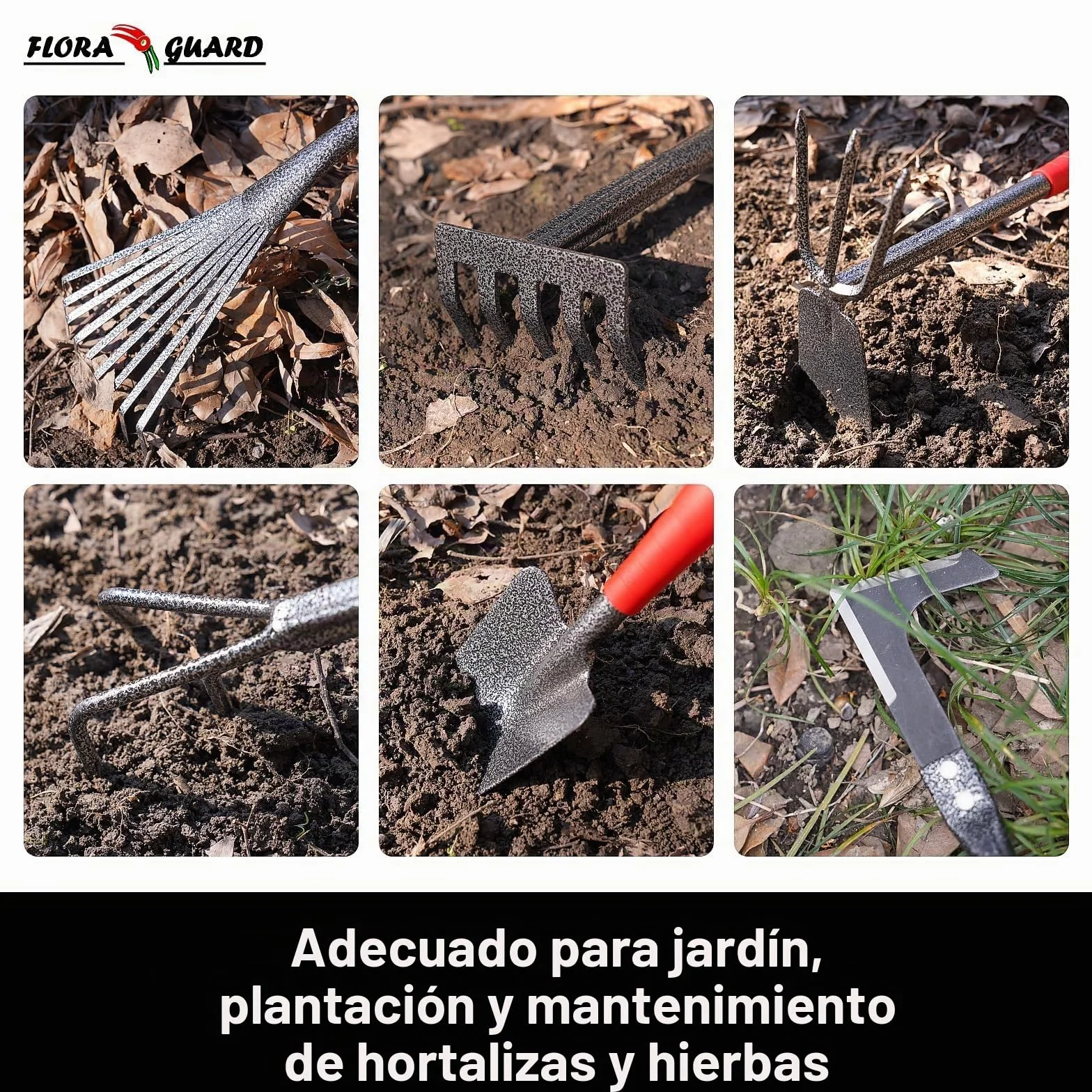 FLORA GUARD Juego de Herramientas de jardín, 6 Piezas, Herramientas manuales de jardín Grandes, Resistentes y duraderas, Herramientas clásicas para Plantar y Mantener su jardín
