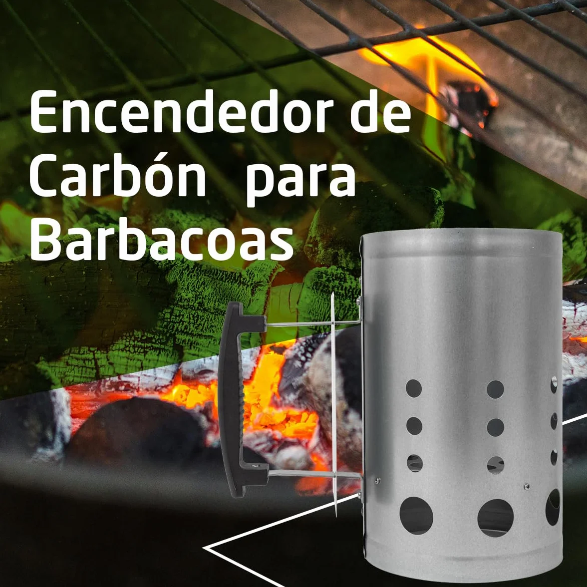 Amig - Encendedor de Carbón Fireplus para Barbacoa - Fabricado con Acero Galvanizado - Mango de Plástico Aislante del Calor - Medidas: 27 x 17,5 x 30 cm