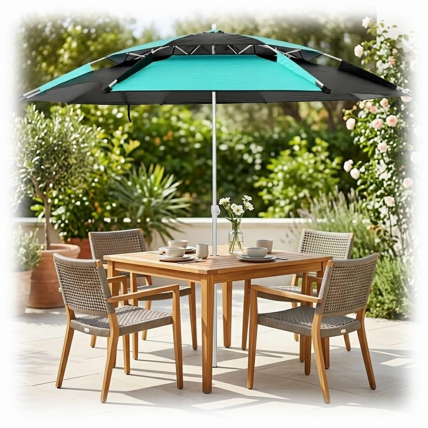 Genérico Sombrilla Playa Antiviento 2/2.2/2.40m Paraguas Playa Plegable con Bolsa de Transporte, Parasol de Jardín Reclinable Portátil Sombrilla Protección Solar para Terraza Piscina(Cian,2.20m)