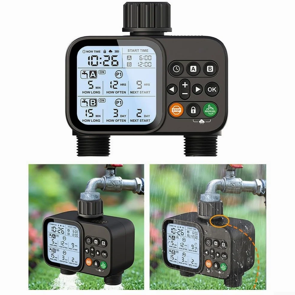 Temporizador de riego inteligente de doble salida controlador de riego automático y manual con modo de 8 horas para el cuidado de plantas de jardín