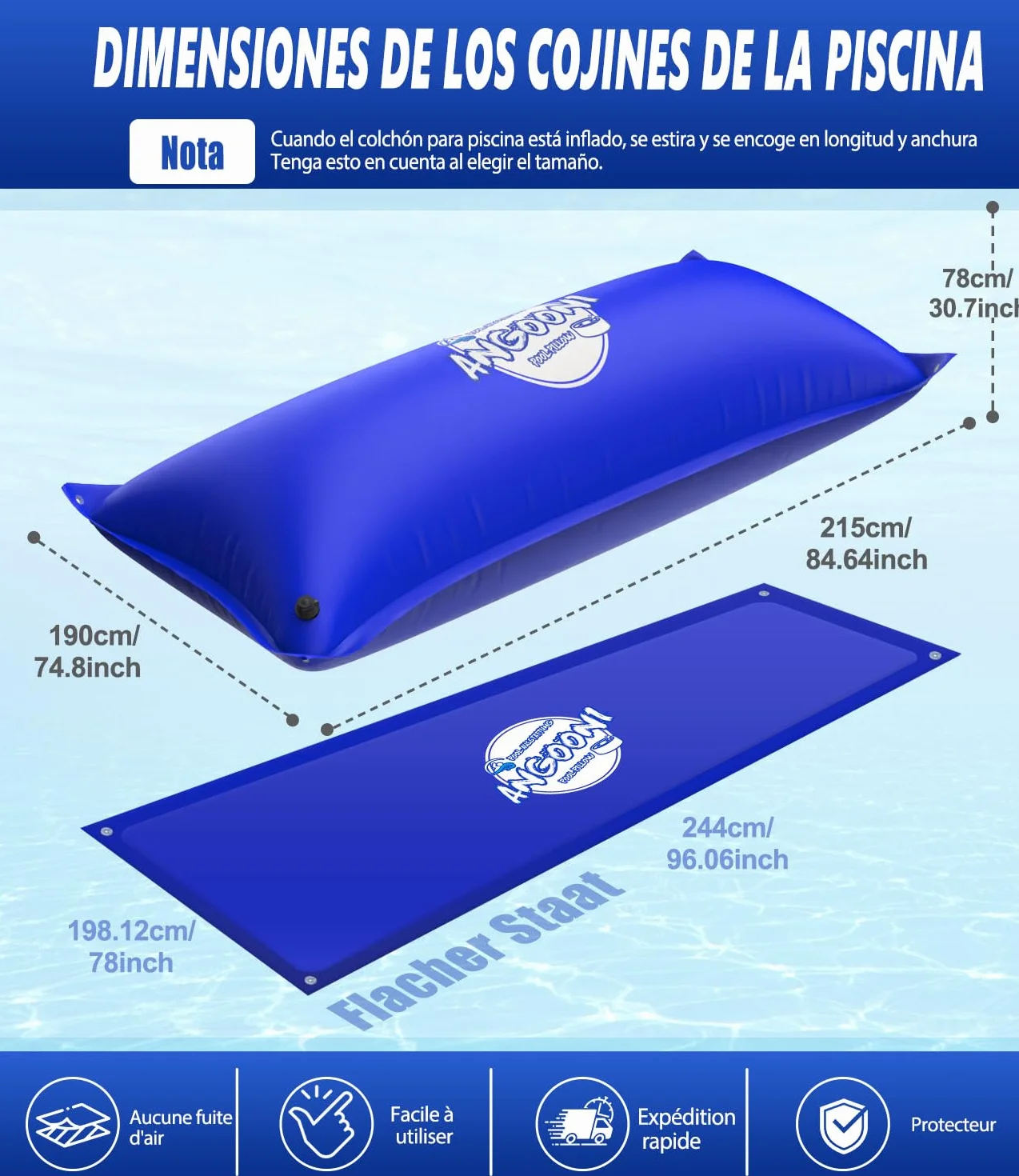 Angooni Cojín de piscina de invierno XXL 200 x 240 cm | Cojín de aire para piscina con doble costura para cubierta de piscina | Cojín de piscina para el invierno | con válvula Boston de doble