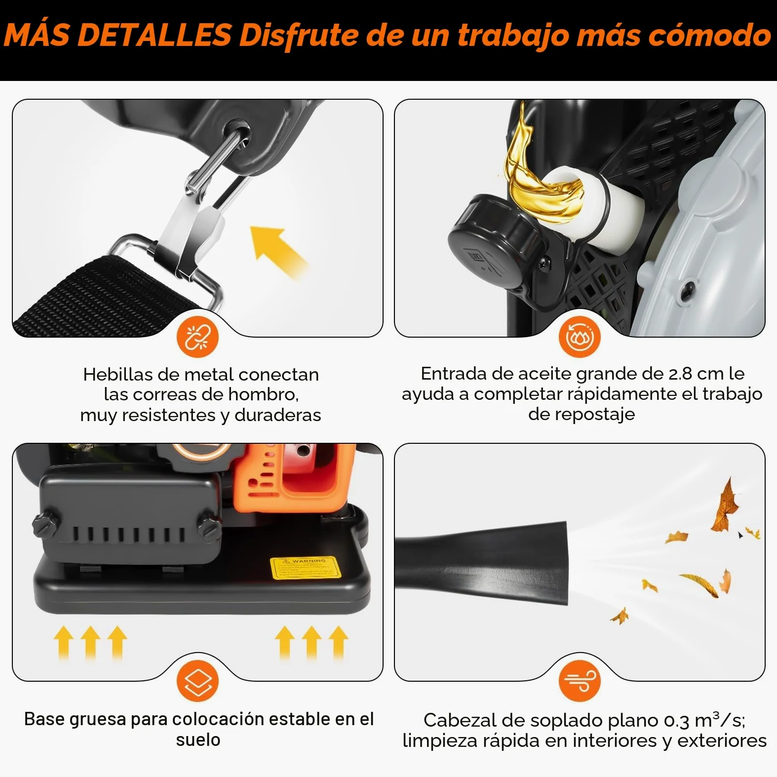 Soplador de Hojas de Gasolina, 65 CC, 3,6 CV, 2 Tiempos, soplador de Hojas, barredora de Polvo con Correa Ajustable, depósito de Combustible de 1,7 l, Boquilla de llenado de Aceite Externa