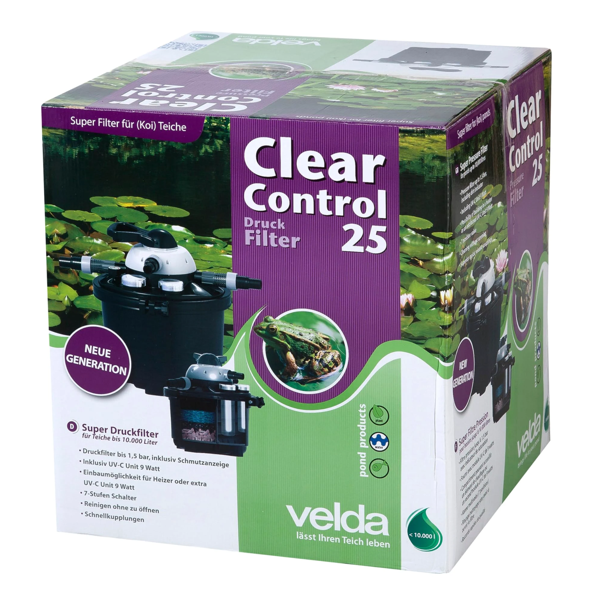 Velda 126310 - Filtro de presión para estanques de hasta 10.000 litros Incl. 9 vatios UV-c, Clara de Control 25 UV-c,