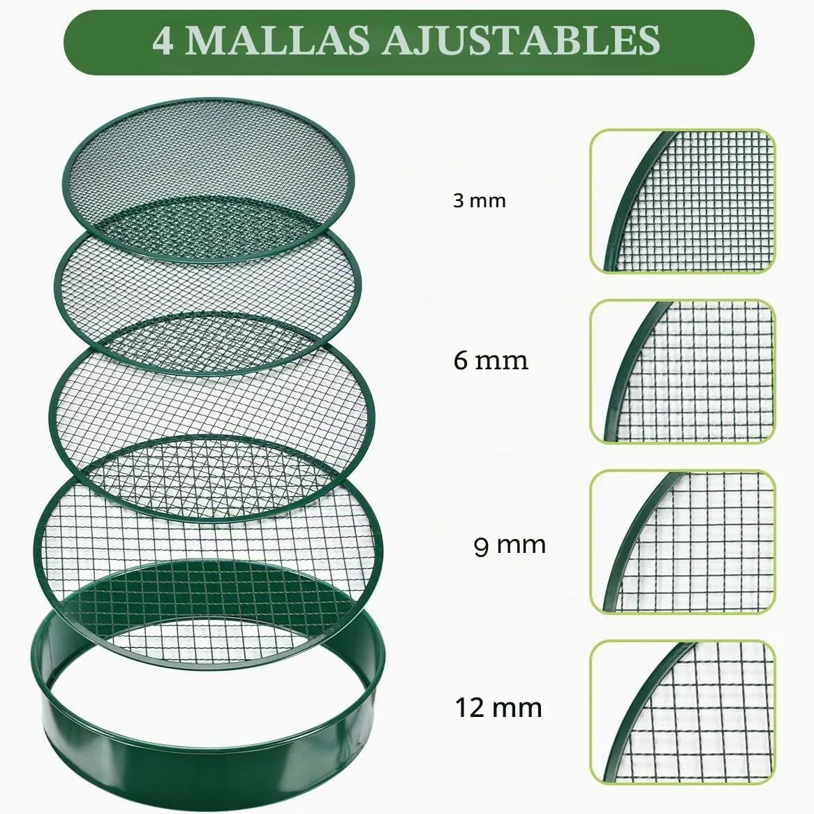 Johgee Tamiz de Jardín de Metal, Malla de 12 mm/9 mm/6 mm/3 mm, con Pala y Rastrillo
