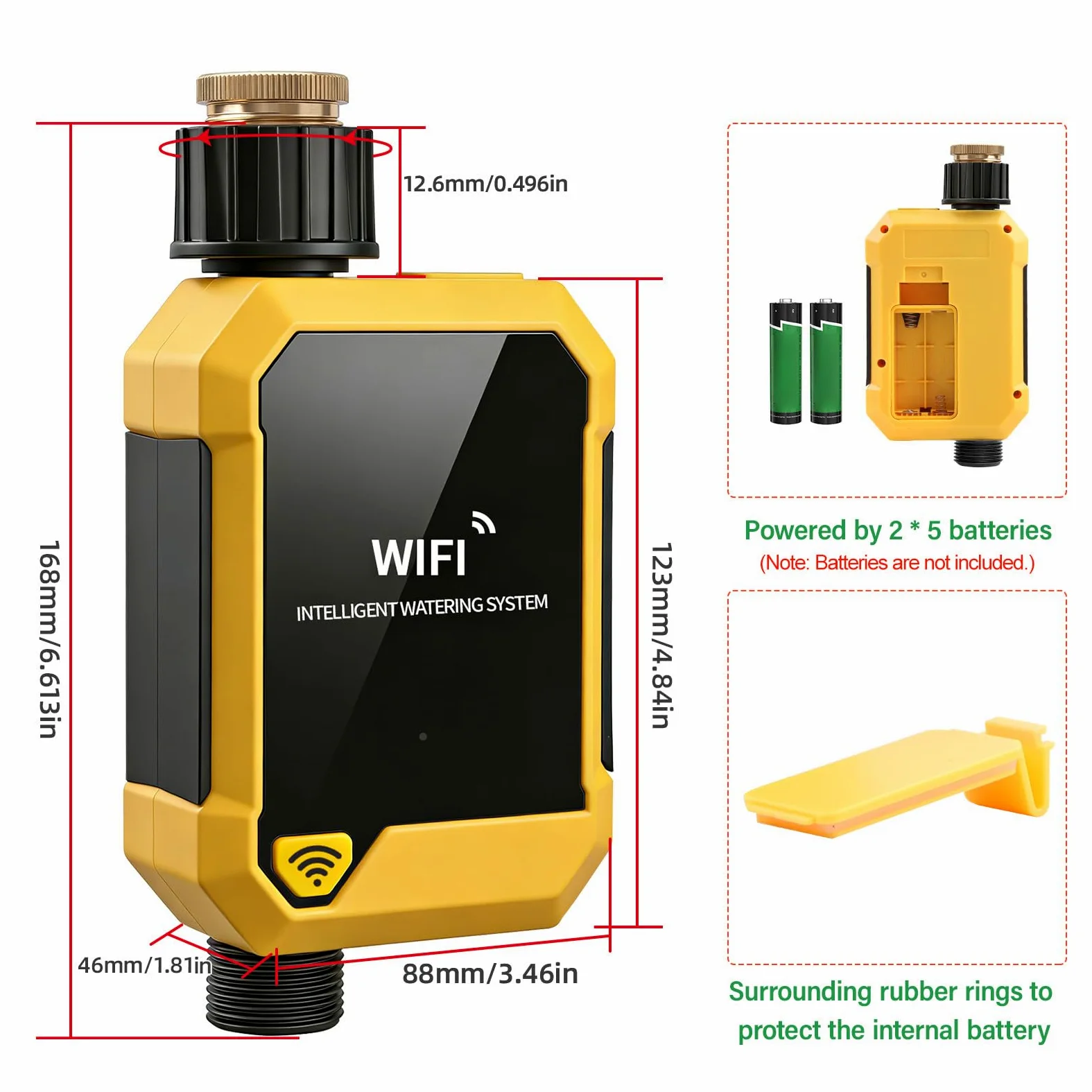 Naroote Temporizador de Riego WiFi Inteligente Temporizador de Riego Controlado por Aplicación 12 a 15,6 L por Minuto Sensor de Lluvia 33,8 a 140 °F Al Aire Libre para Jardín, Césped,
