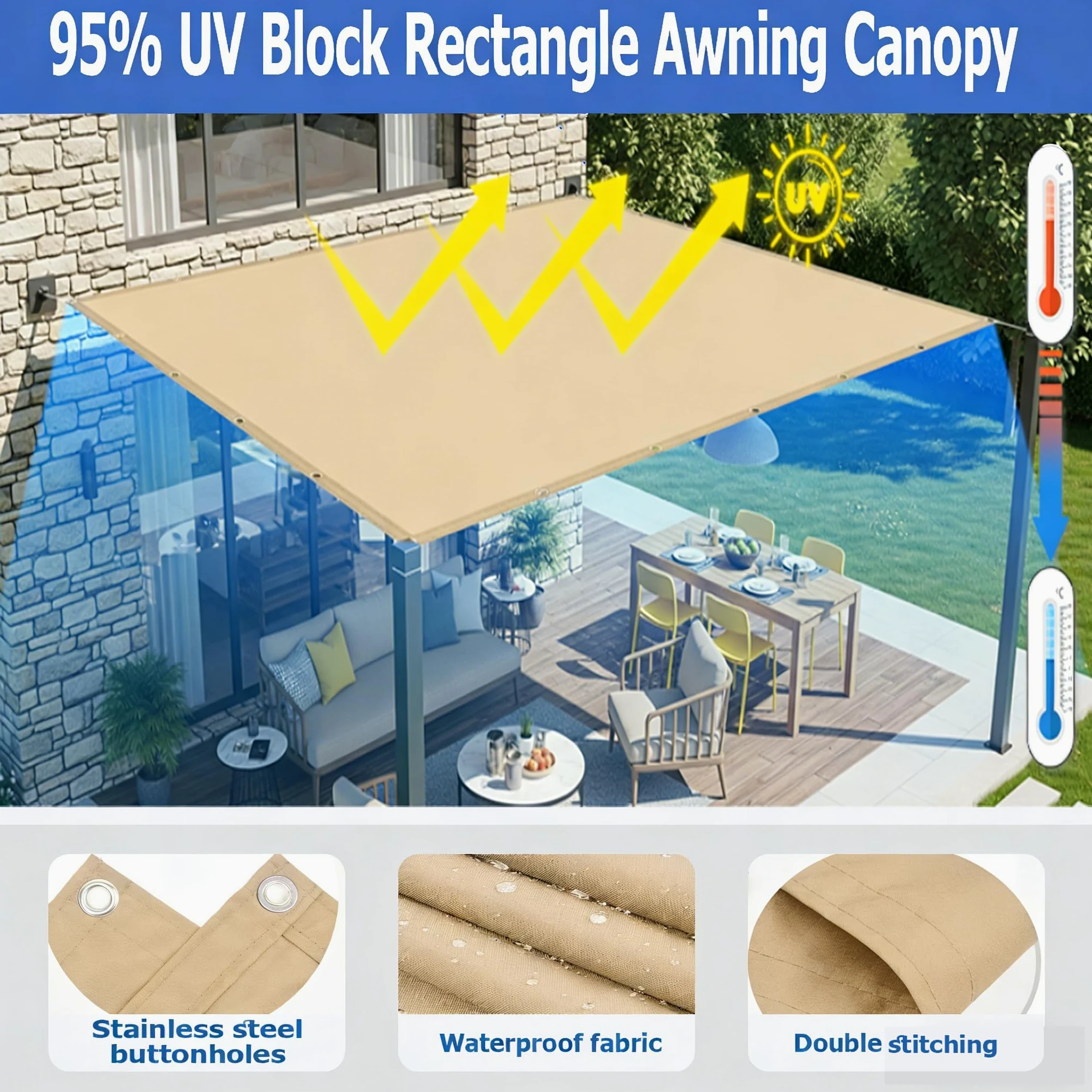 Toldo Vela de Sombra Impermeable 2.5x3M Toldo de Exterior Protección UV 95% Resistente al Desgarro con Ojales y Cuerdas, para Exteriores Patio Terraza Balcón Piscina Camping, Arena