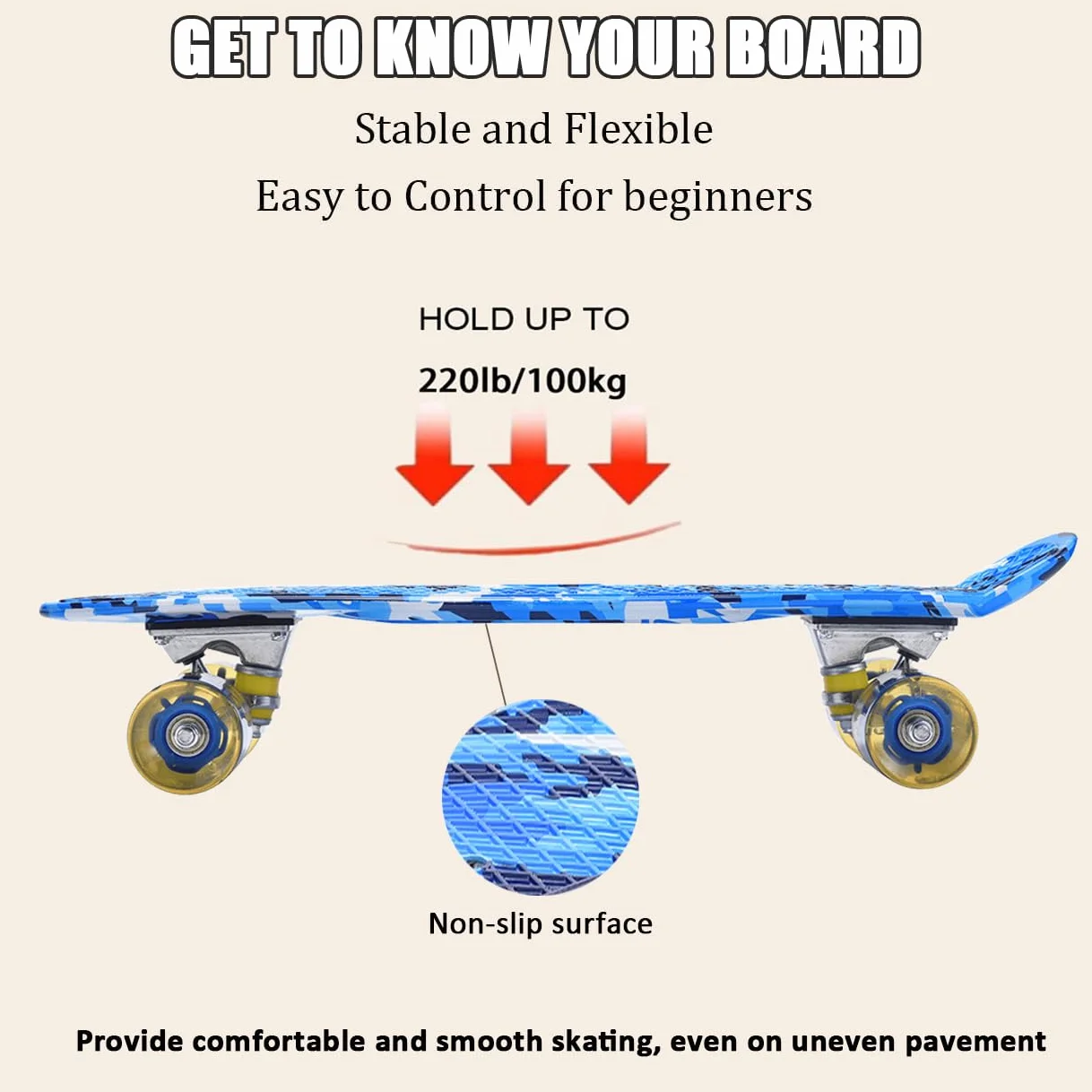 ERNAN Skateboard Complete 22 Inch Mini Cruiser Rodamientos ABEC-7 Ruedas 78A PU Light Up
