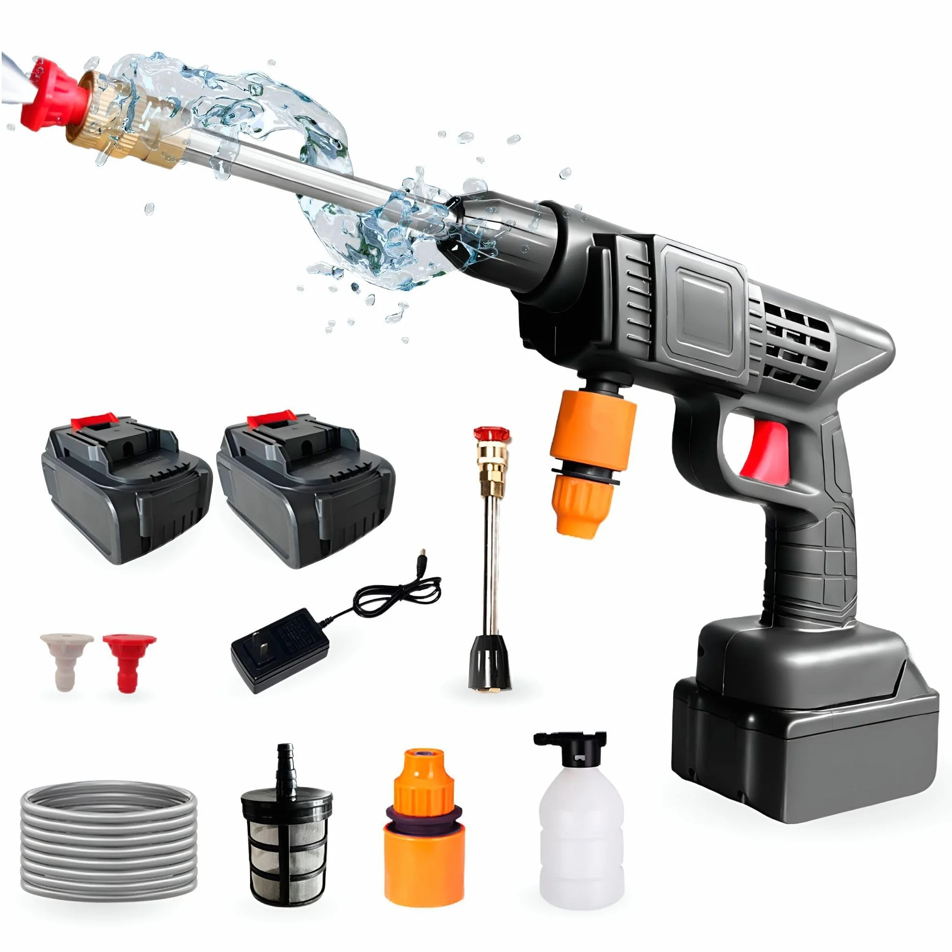 Pistola de Alta Presión. Limpiador de Alta Presión Portátil 35Bar/500PSI y 1500mAh/300W y 2 Baterías 48V. Set de Pistola Hidrolimpiadora Inalámbrica, Recargable para Limpiar Coche, Terraza, Jardín.