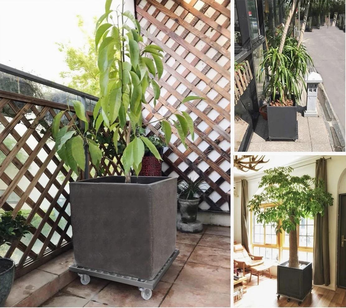 Transportadores de Macetas, Base con Ruedas para Macetas, Soporte para Macetas con Ruedas Cuadrado, Soporte para Macetas Exterior GFRP, Base con Ruedas Carga Pesada,Negro,50cm