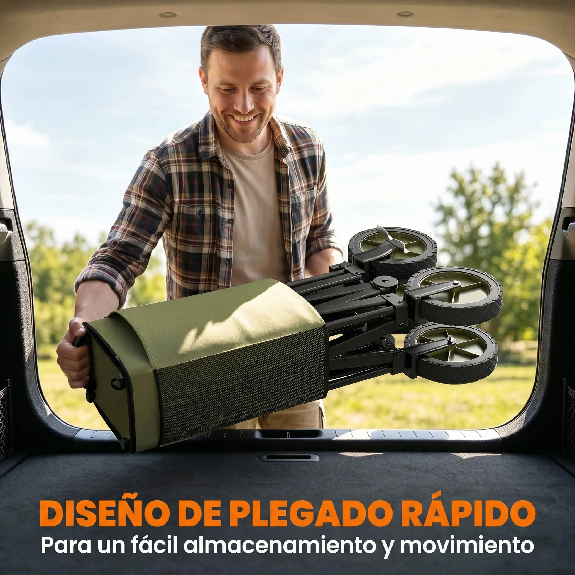 Outsunny Carro Plegable de Jardín con Ruedas Carro para Playa con Mango Telescópico Tablero Plegable 5 Bolsas Marco de Acero Carga 100 kg para Compra Patio 108x55x93 cm Verde