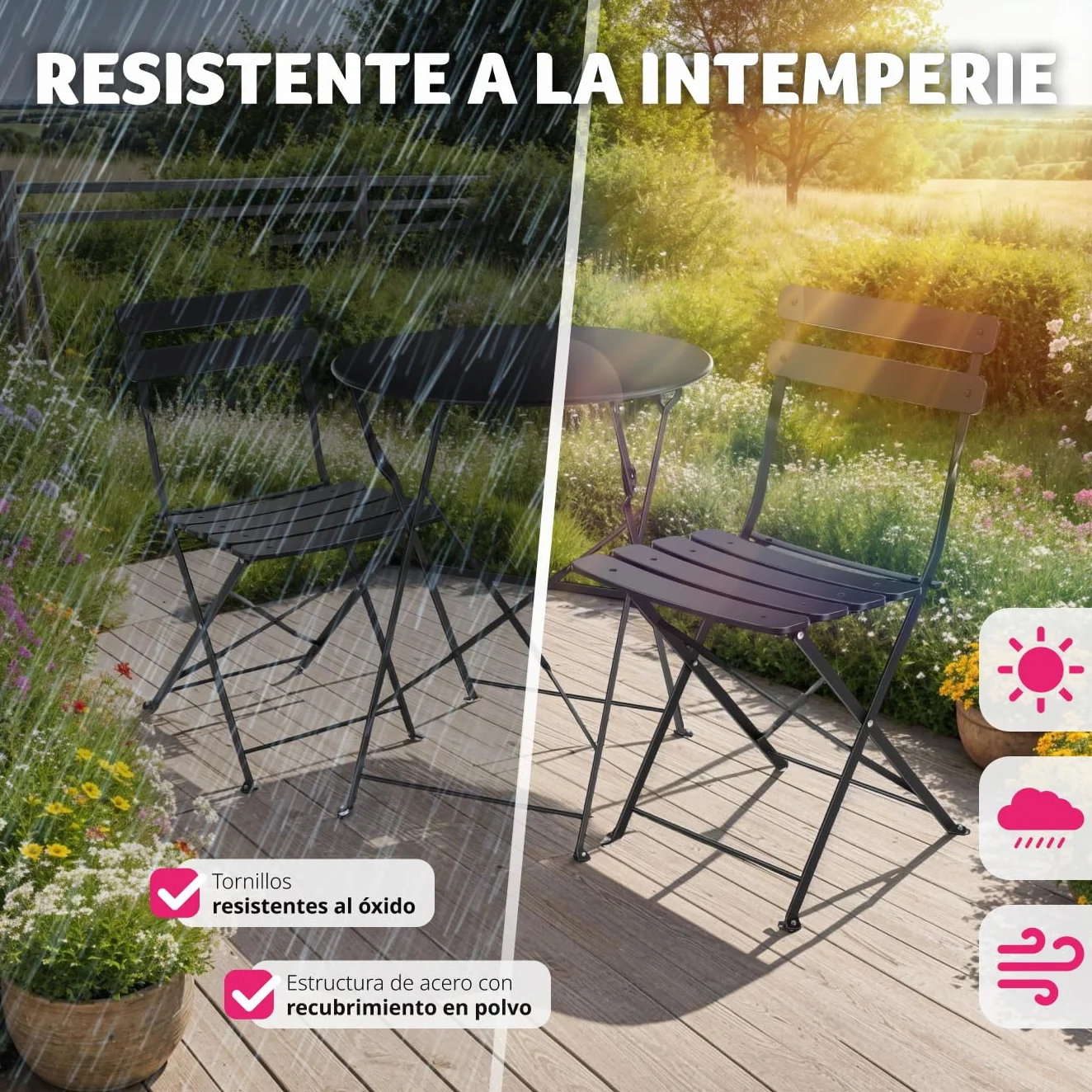 tectake® Conjunto Muebles Jardín Exterior de Mesa de Bistró y 2 Sillas, Plegables, Tapas Antideslizantes, Mesa y Sillas Terraza Estilo Retro con Estructura de Acero, Ideal Balcones Pequeños - Negro