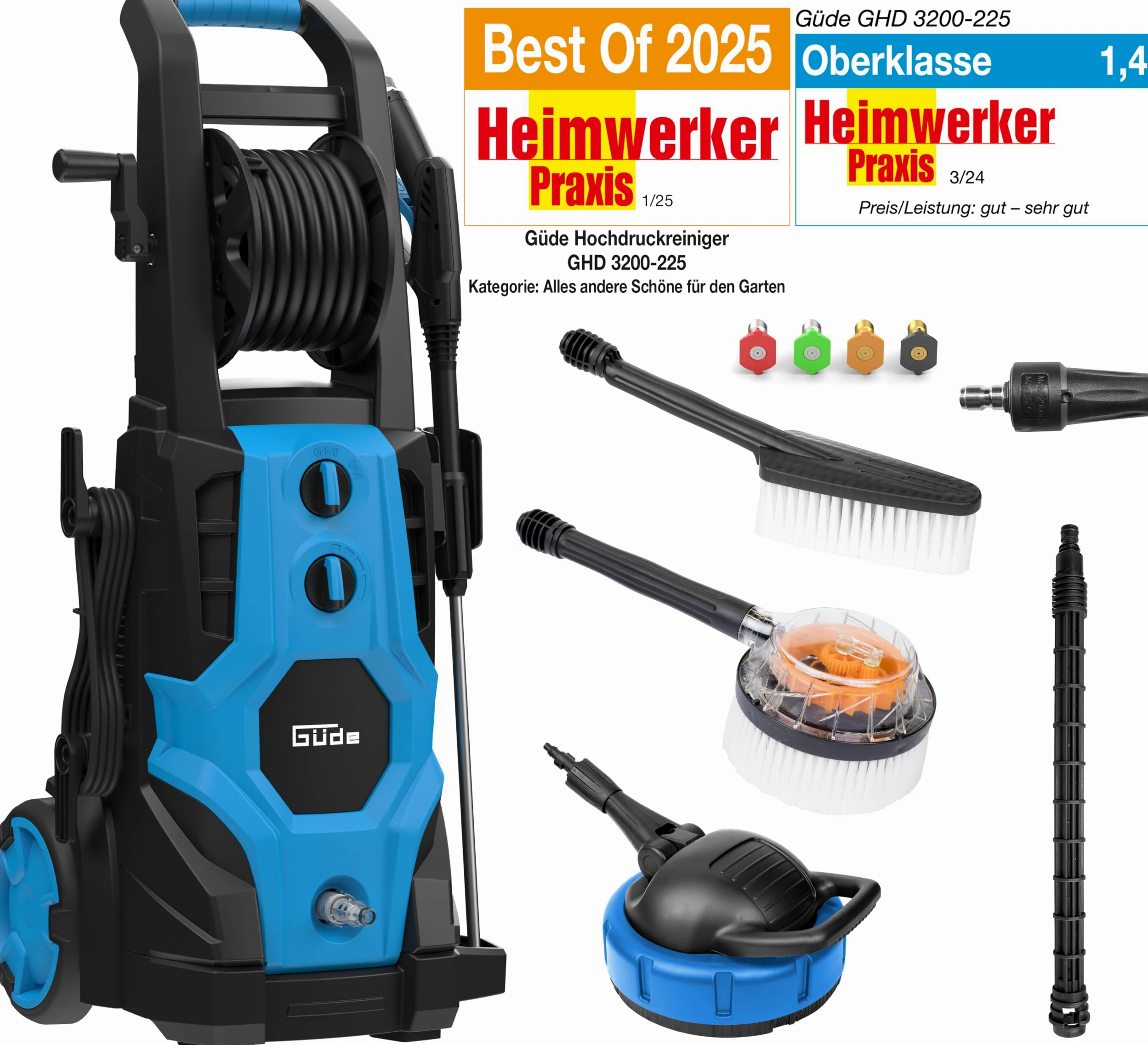 Güde Lavadora de Alta presión GHD 3200-225 (230 V, 3200 W, 225 Bar máx. presión, 540 l/h máx. de elevación., Manguera y Tambor HD de 6 m, Pistola HD con 4 boquillas, ensuciador, Cepillo Triangular y