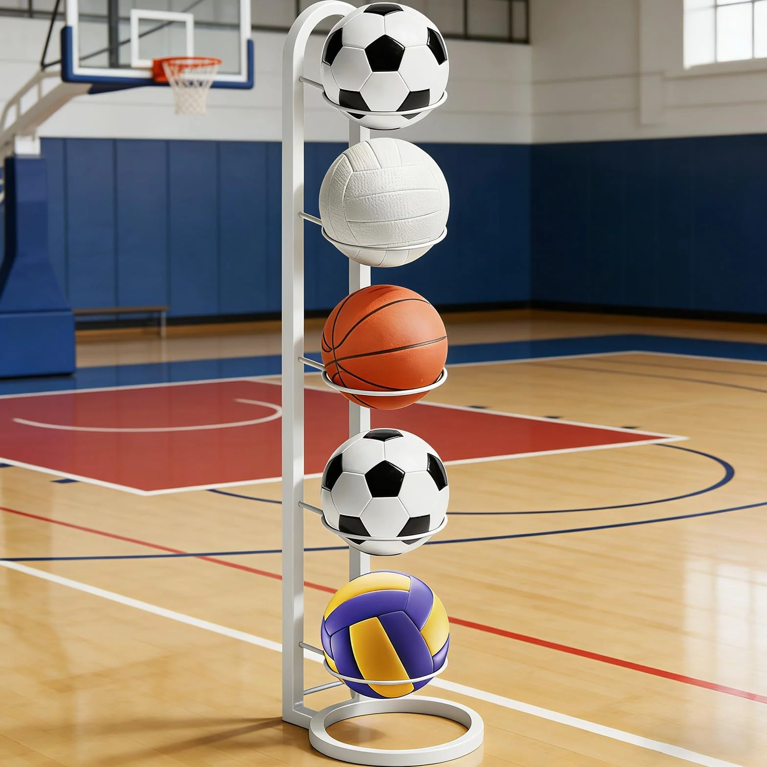 Estante para balones vertical 5 capas, porta balones de baloncesto voleibol fútbol blanco