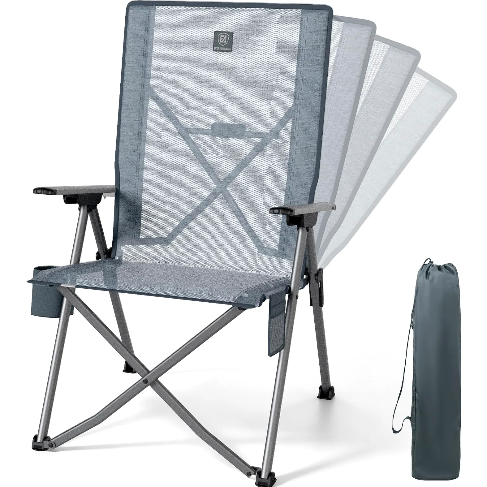 EVER ADVANCED Silla de Camping Plegable con Respaldo Ajustable en 4 Posiciones, Respaldo Alto hasta 160 kg, Silla de jardín de Malla con Bolsillo Lateral, Soporte para Bebidas, Silla de Pesca